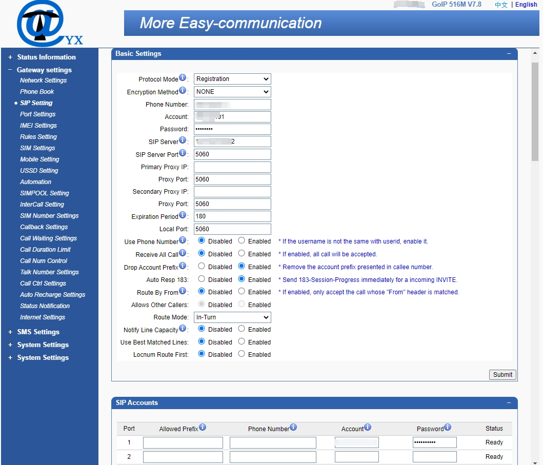 voip gateway panel SIP Setting