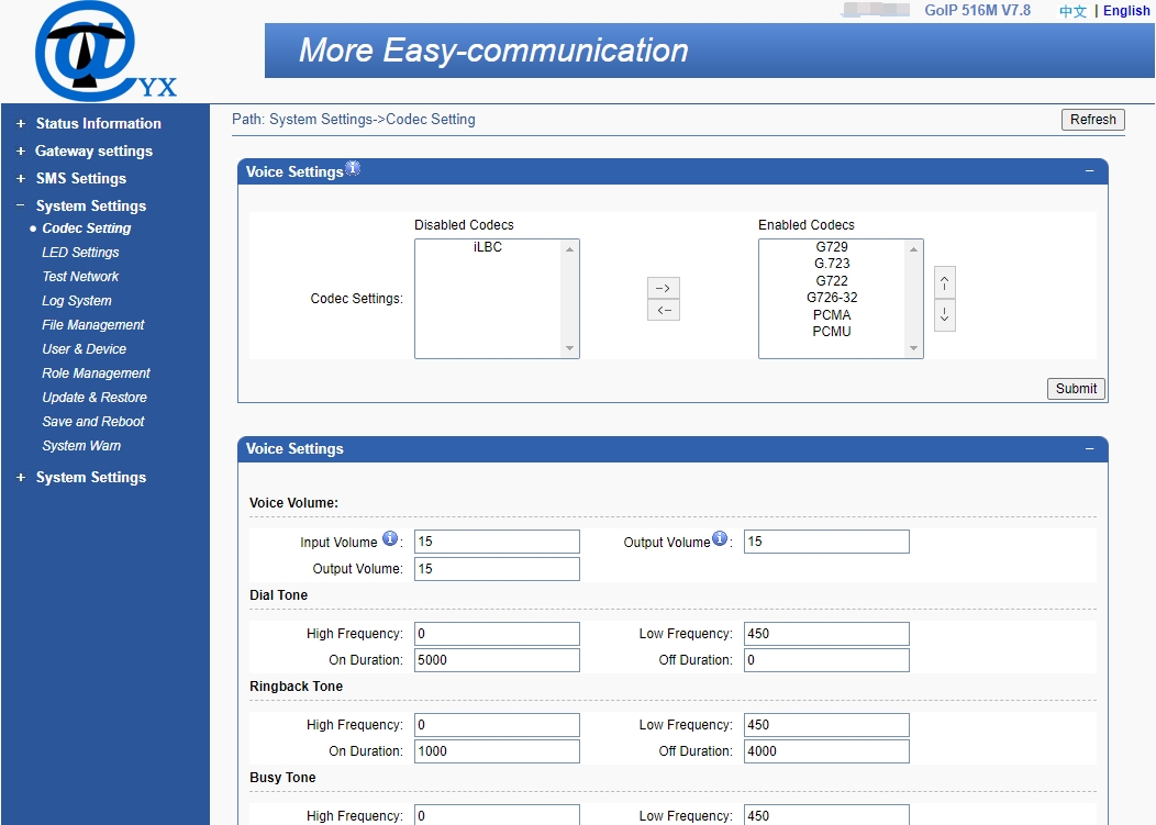 voip gateway panel Codec setting