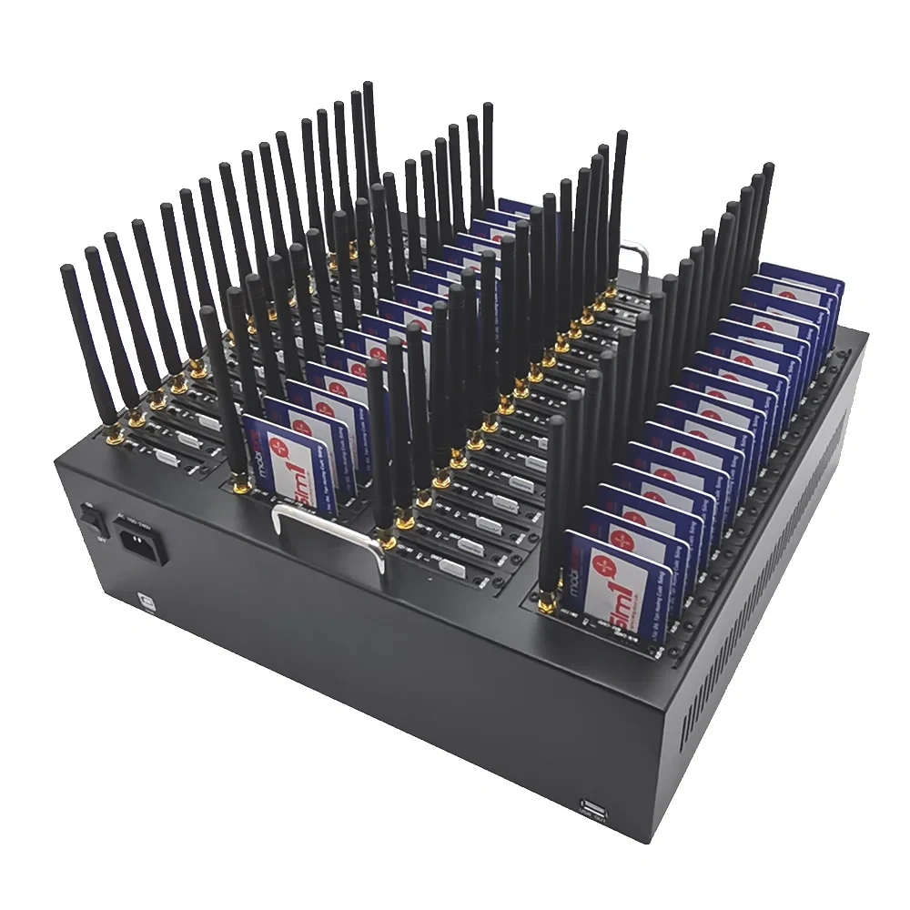 64-port bulk SMS modem chassis with front-panel SIM slots