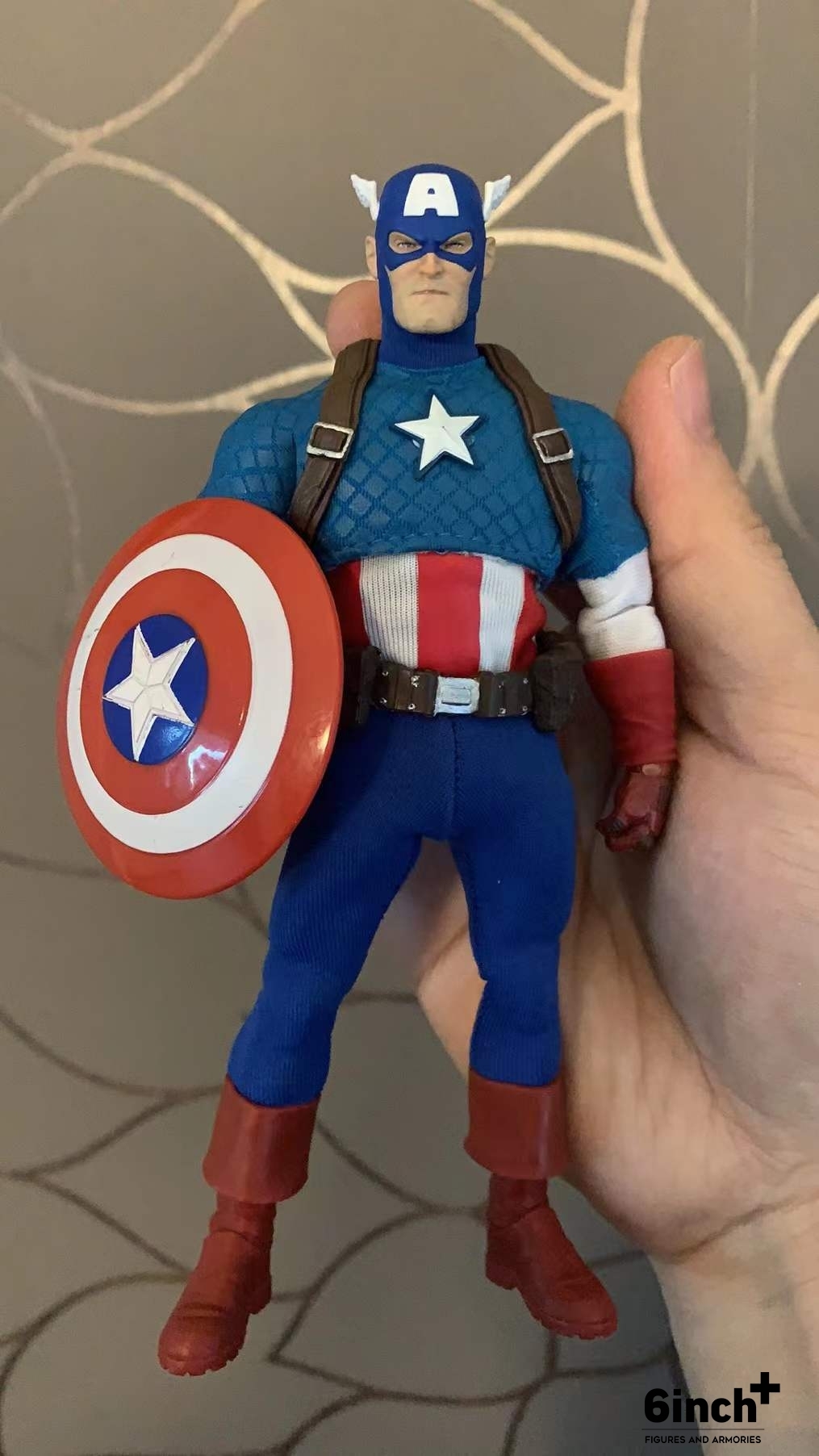 Dark red vintage boots/gloves and Blue white suit for a classic captain america