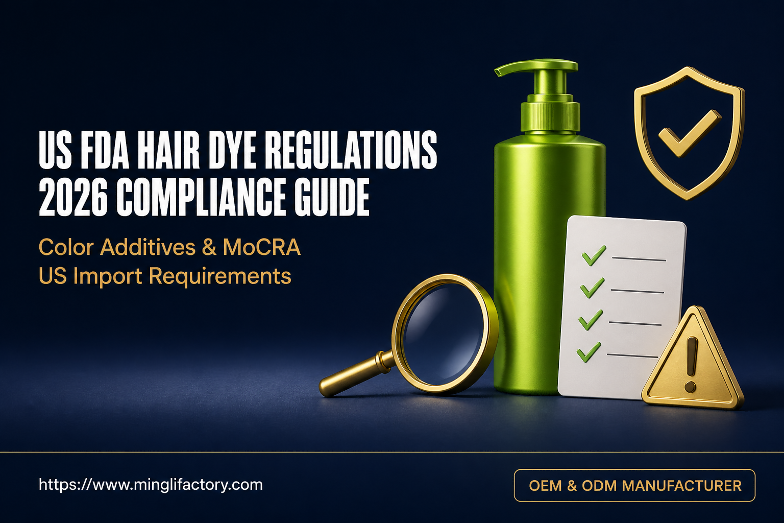 US FDA hair dye regulations 2026 cover: a hair dye pump bottle with a compliance checklist and magnifying glass