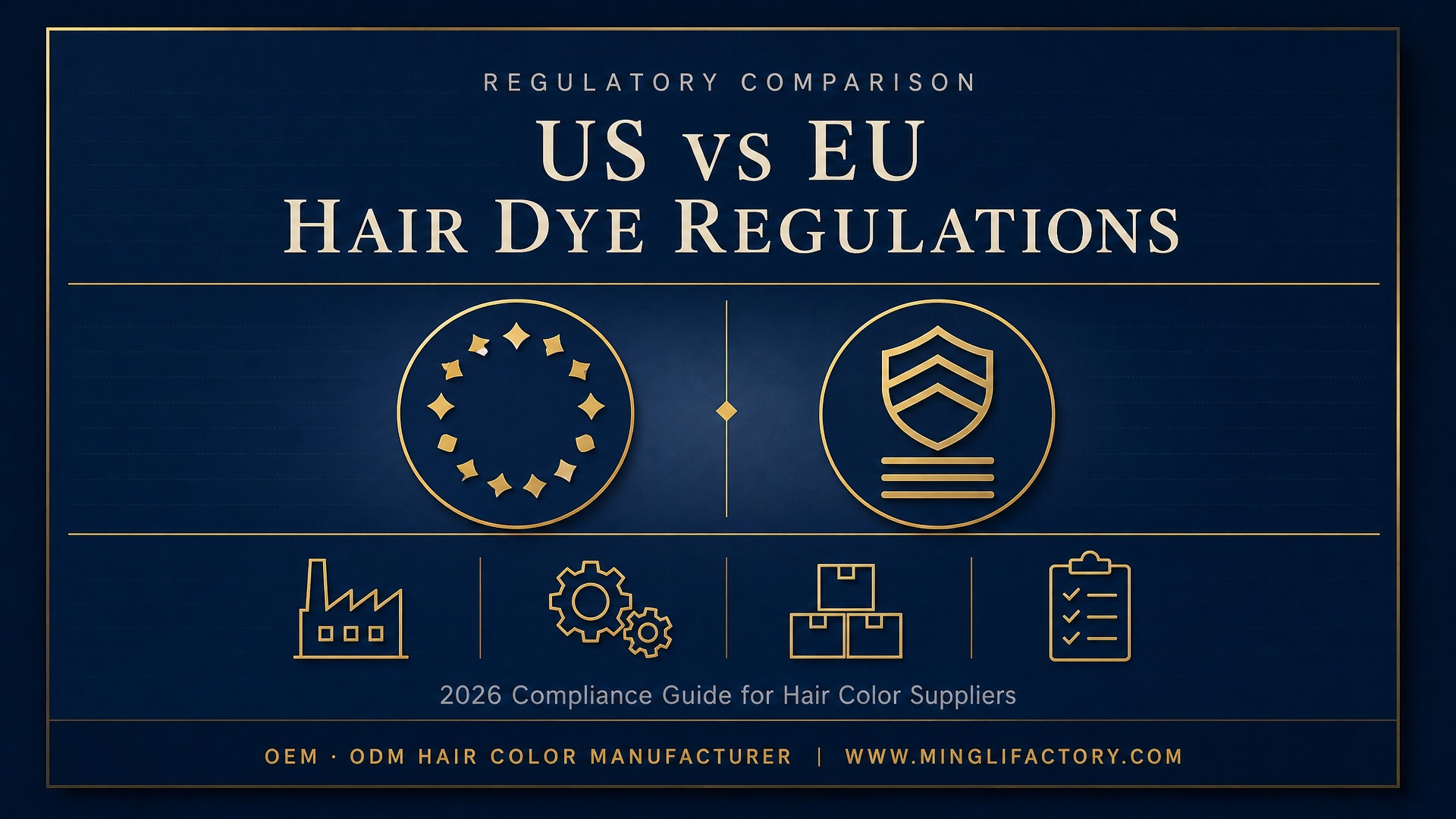 US vs EU hair dye regulations comparison cover with EU and US emblems and OEM/ODM manufacturer icons