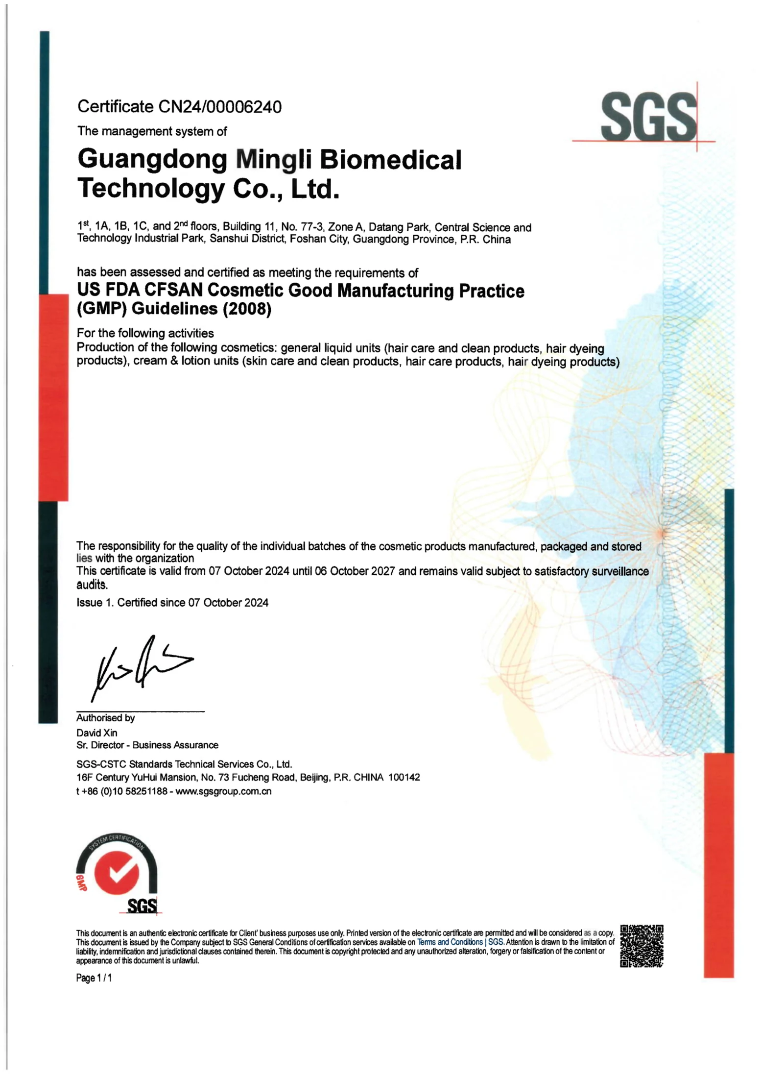 GMPC certificate CN24/00006240 issued by SGS-CSTC Standards Technical Services Co., Ltd., valid until 6 October 2027