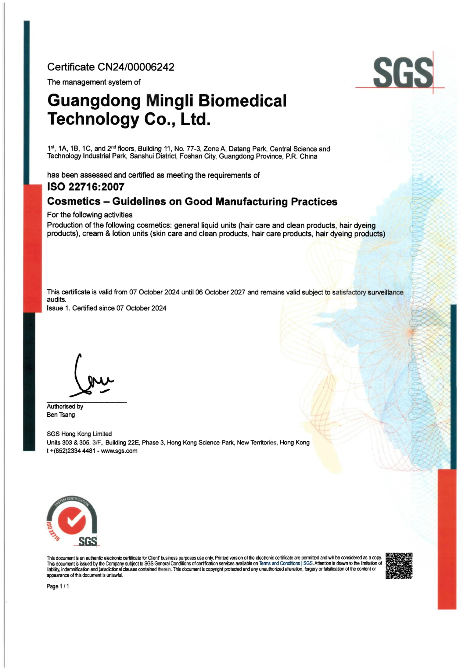 ISO 22716 certificate CN24/00006242 issued by SGS Hong Kong Limited, valid until 6 October 2027