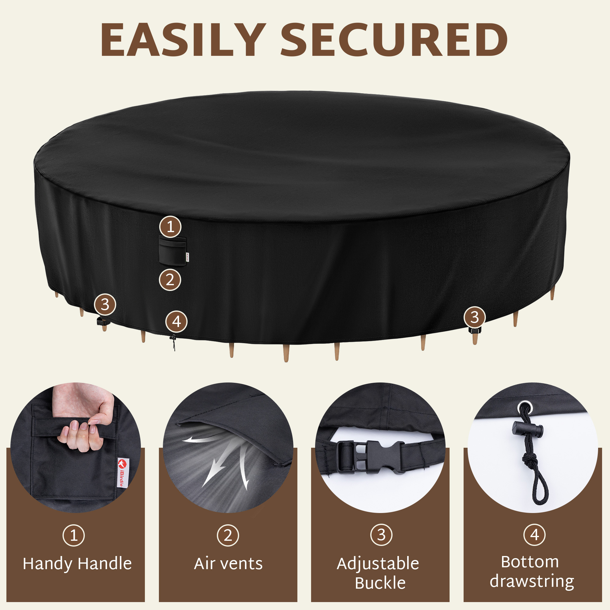 iBirdie Round Patio Furniture Cover , Outdoor Waterproof and Weatherproof for Garden Table and Chairs, Heavy Duty 600D,
