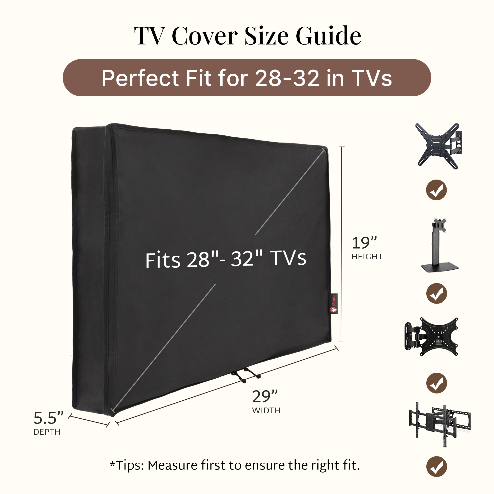 iBirdie Outdoor TV Cover,600D Heavy-Duty Waterproof with PVC Liner, Windproof Snug Fit, UV/Dust/Rain Protection, Quick-View Zipper,Wall/Ceiling/Stand Mounts