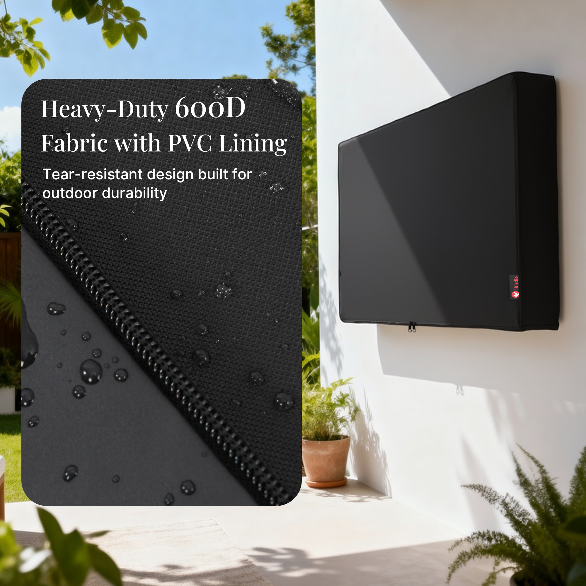 iBirdie Outdoor TV Cover,600D Heavy-Duty Waterproof with PVC Liner, Windproof Snug Fit, UV/Dust/Rain Protection, Quick-View Zipper,Wall/Ceiling/Stand Mounts