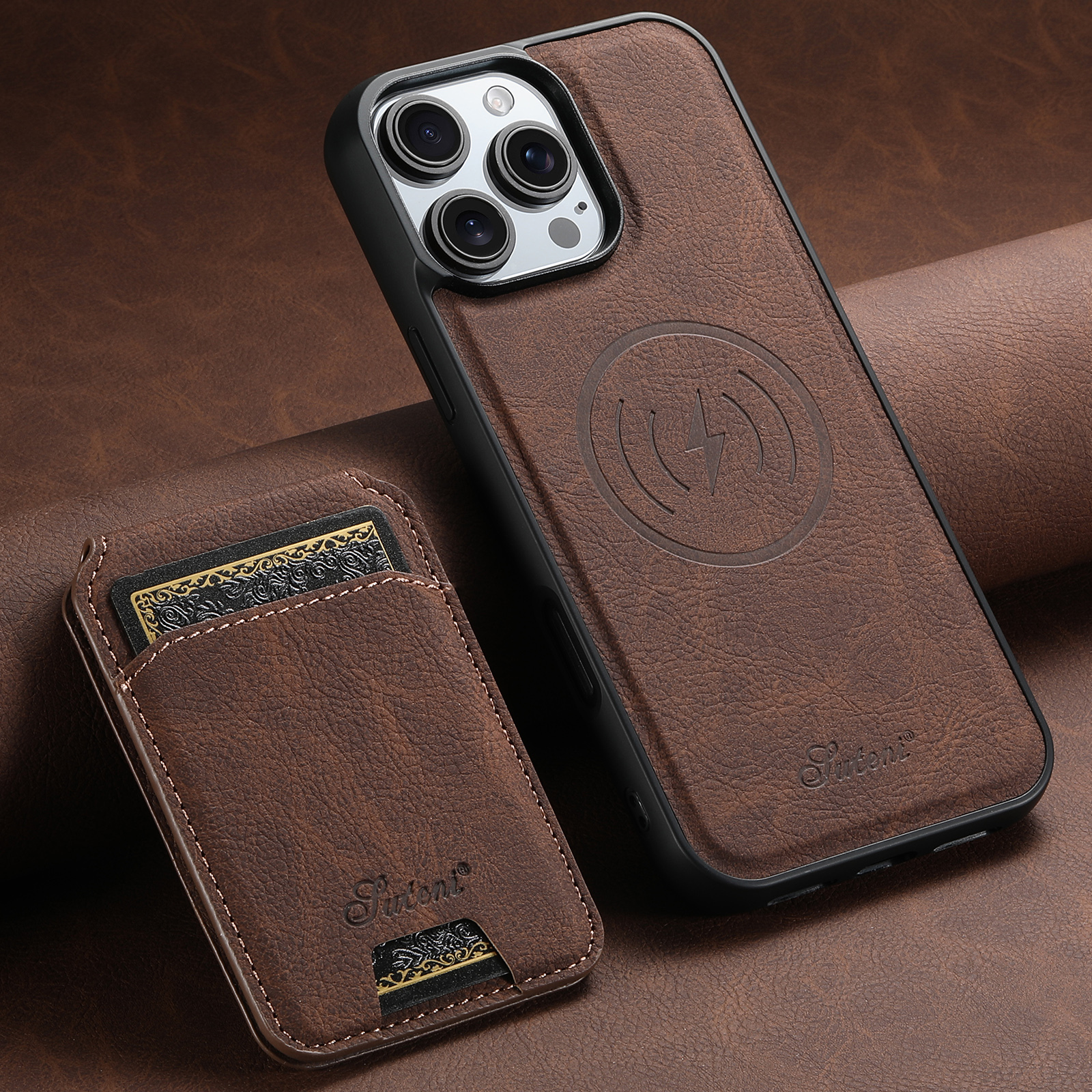 SUTENI Wireless Charging Phone Case Magnet Card Holder Stand PU Leather For iPhone 16 Pro Max 15 Plus 14 13 12