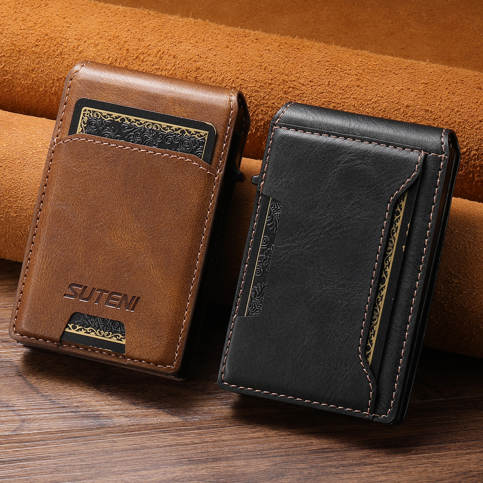 SUTENI PU Leather With Card Holder For Men Wallet Card Slot Wallet Flip Cover card box Pressing The Button Automatically Ejects The Card