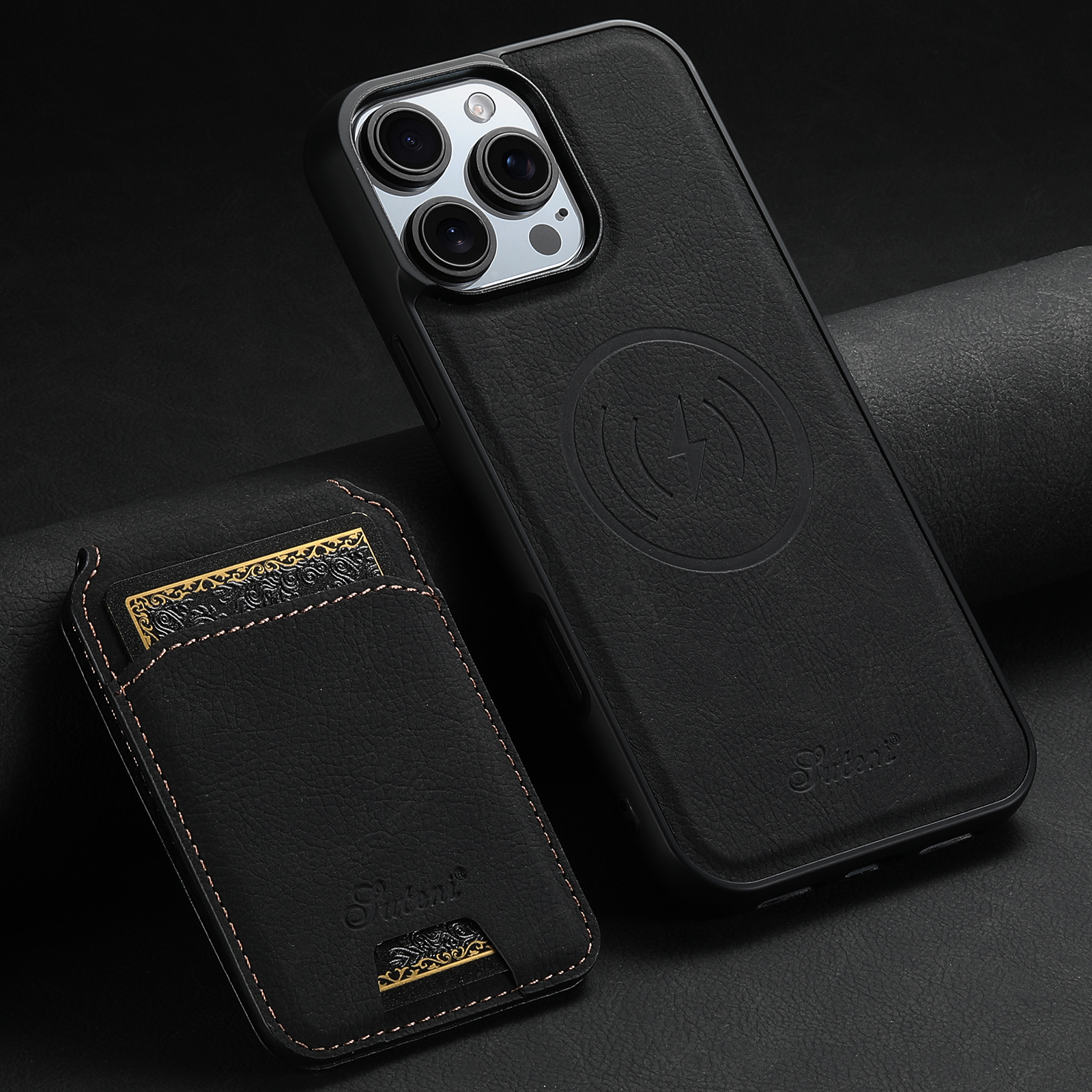 SUTENI Wireless Charging Phone Case Magnet Card Holder Stand PU Leather For iPhone 16 Pro Max 15 Plus 14 13 12