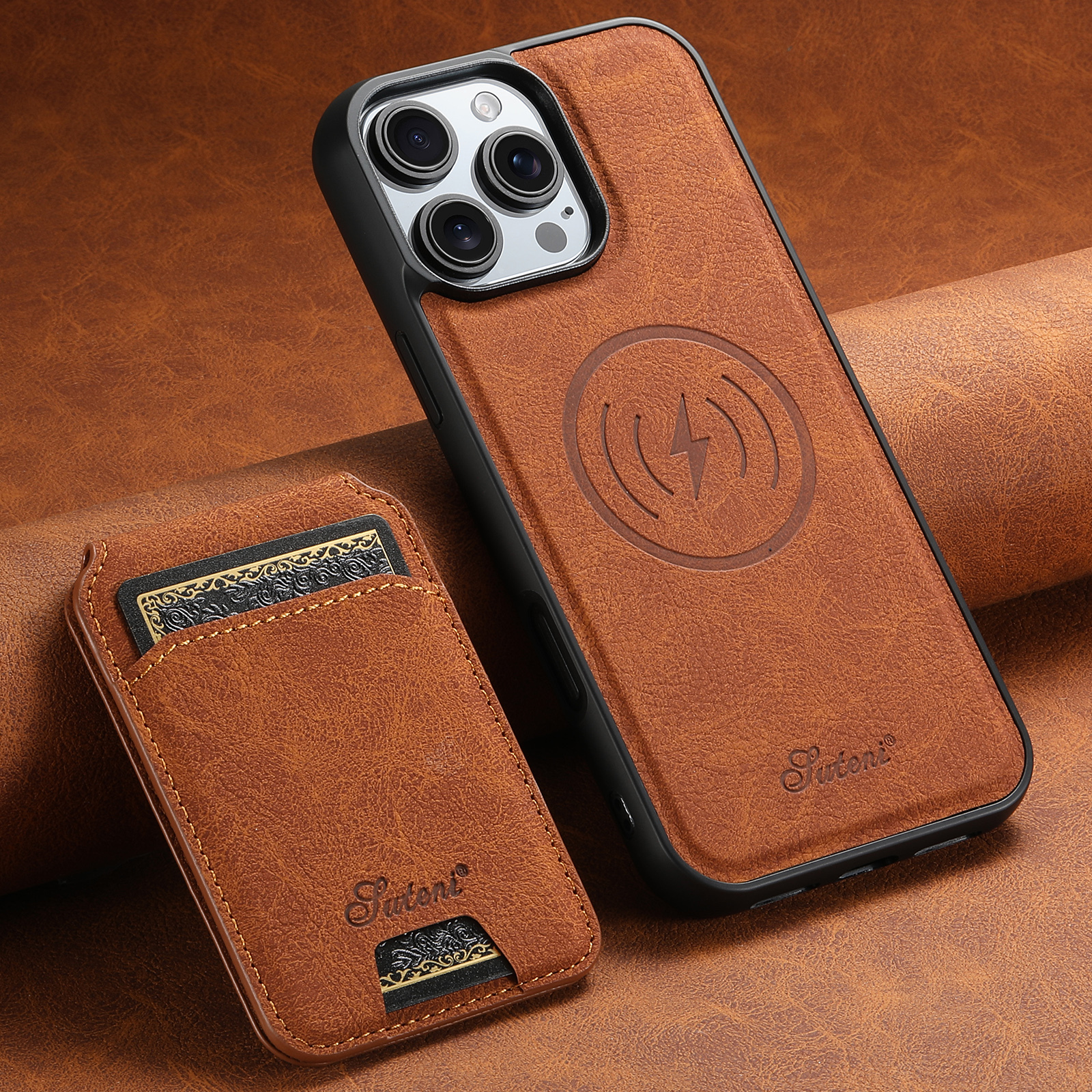 SUTENI H16 Wireless Charging Phone Case Magnet Card Holder Stand PU Leather For iPhone 16 Pro Max 15 Plus 14 13 12