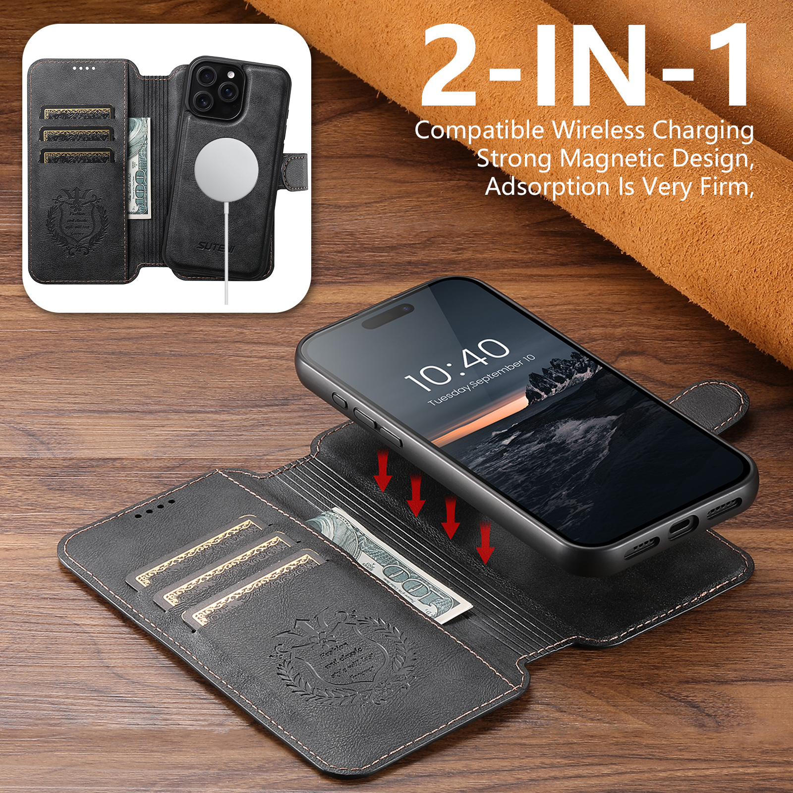 SUTENI PU Leather Wireless Charging Card Holder Stand Wallet Magnetic Flip Cover Phone Case For iPhone 16 Pro Max 15 Plus 14 13 12