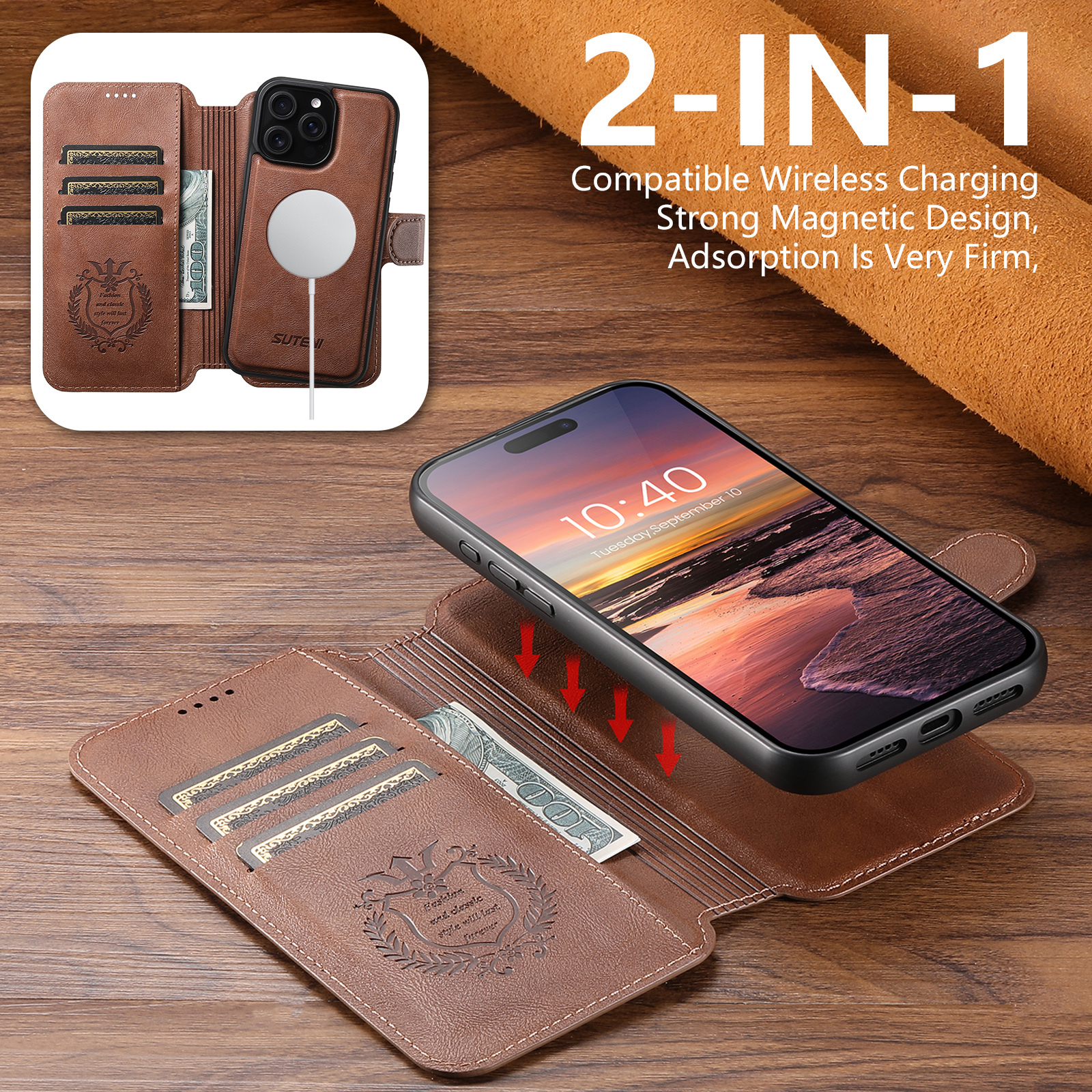 SUTENI PU Leather Wireless Charging Card Holder Stand Wallet Magnetic Flip Cover Phone Case For iPhone 16 Pro Max 15 Plus 14 13 12