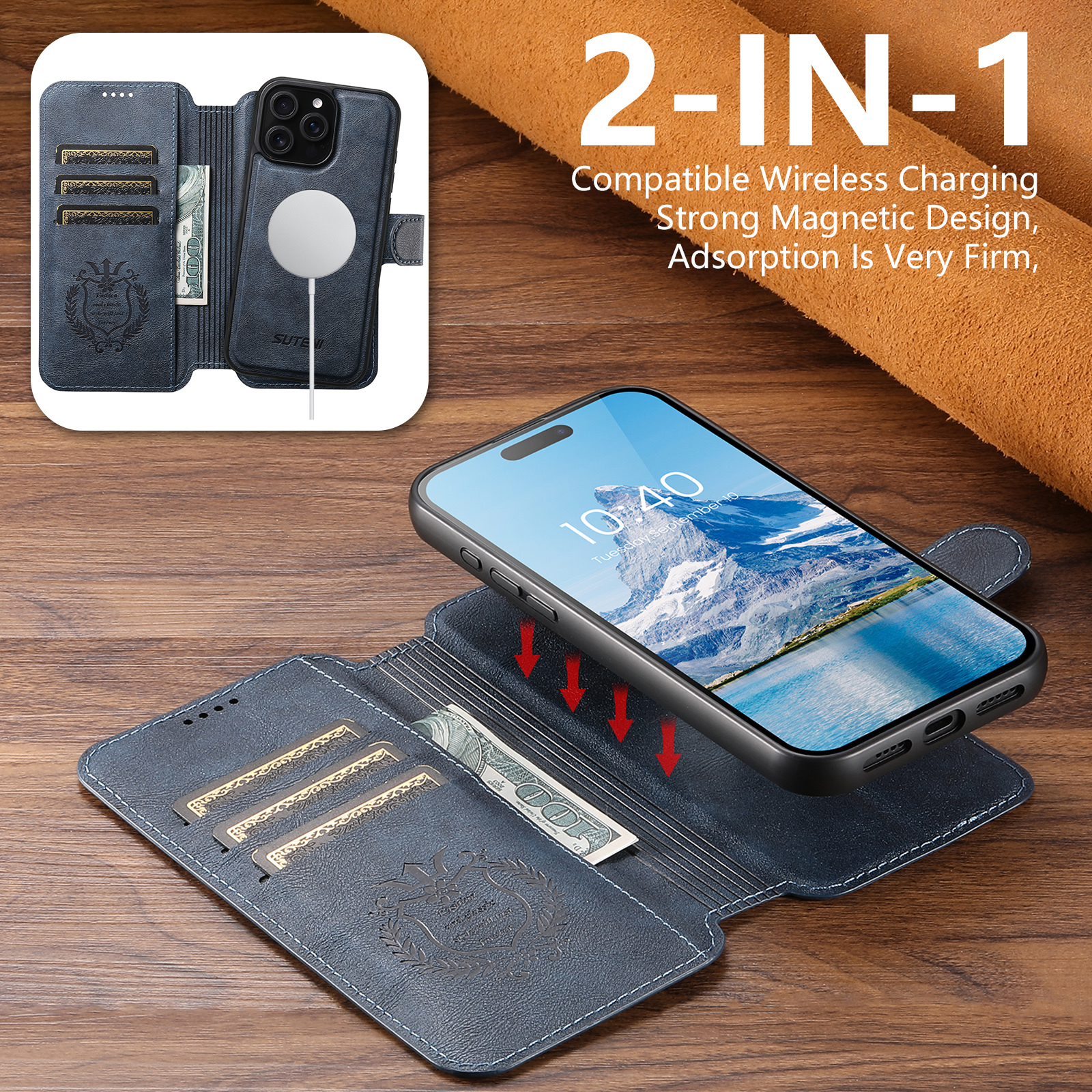 SUTENI Q05 PU Leather Wireless Charging Card Holder Stand Wallet Magnetic Flip Cover Phone Case For iPhone 16 Pro Max 15 Plus 14 13 12