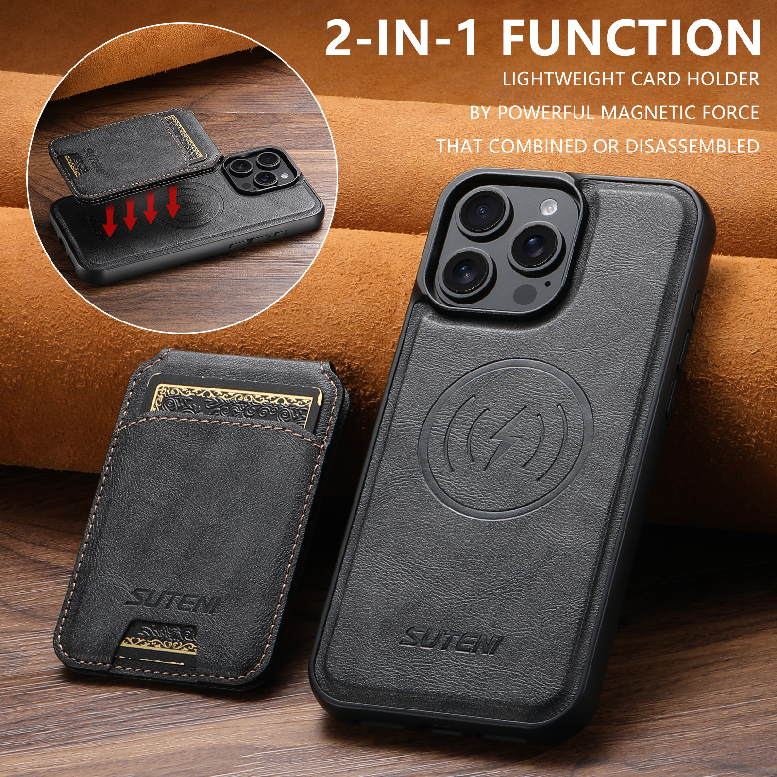 SUTENI Wireless Charging Magnet PU Leather Phone Case Card Holder Stand For iPhone 16 Pro Max 15 Plus 14 Pro 13 12