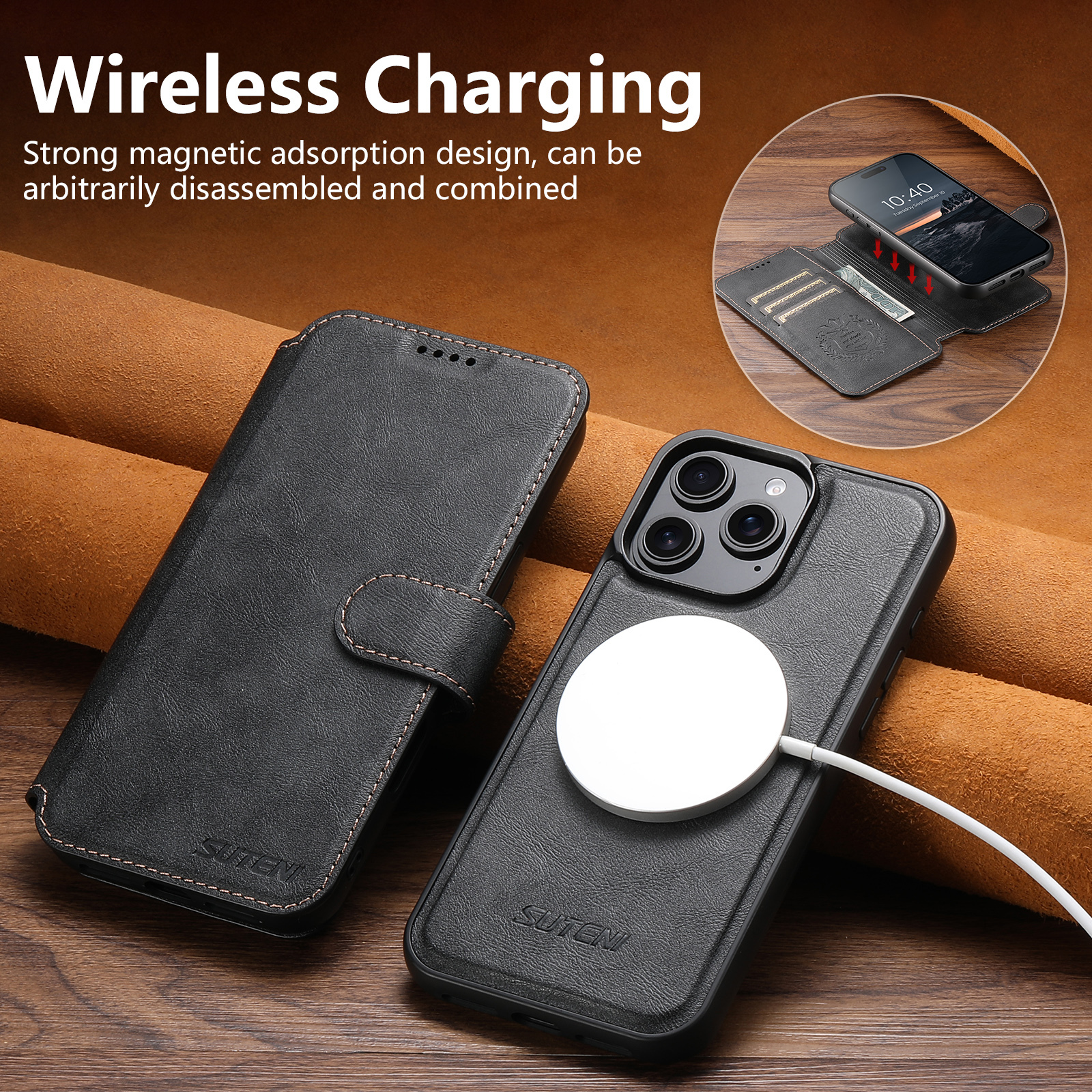 SUTENI PU Leather Wireless Charging Card Holder Stand Wallet Magnetic Flip Cover Phone Case For iPhone 16 Pro Max 15 Plus 14 13 12