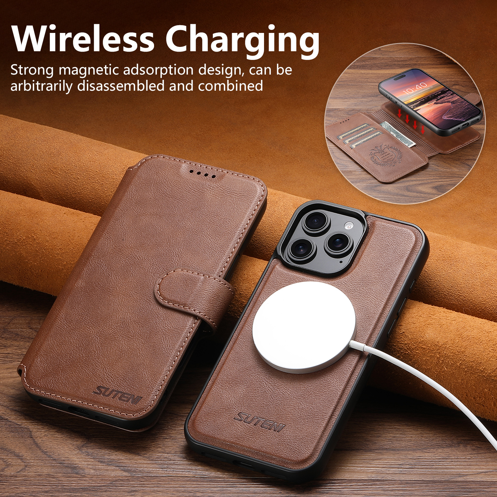 SUTENI Q05 PU Leather Wireless Charging Card Holder Stand Wallet Magnetic Flip Cover Phone Case For iPhone 16 Pro Max 15 Plus 14 13 12