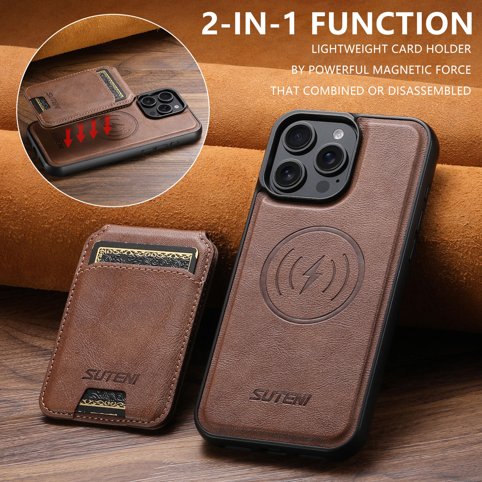 SUTENI M5 Wireless Charging Magnet PU Leather Phone Case Card Holder Stand For iPhone 16 Pro Max 15 Plus 14 Pro 13 12