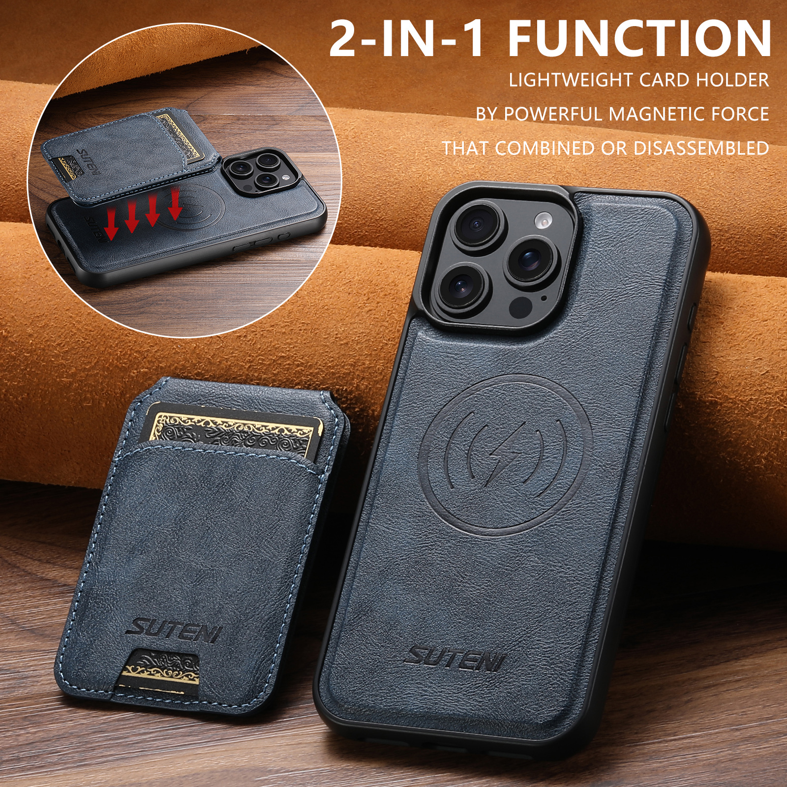 SUTENI Wireless Charging Magnet PU Leather Phone Case Card Holder Stand For iPhone 16 Pro Max 15 Plus 14 Pro 13 12