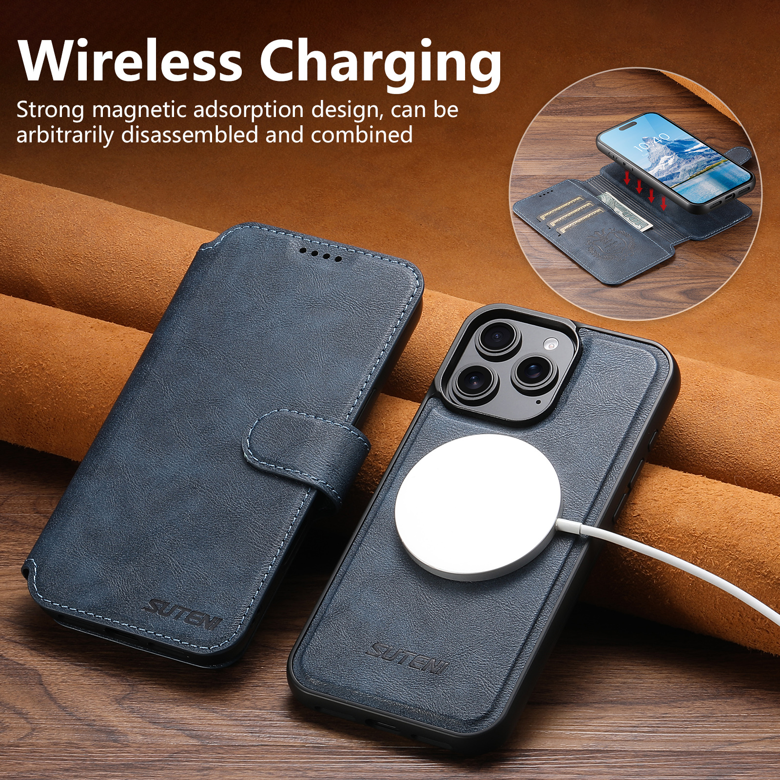 SUTENI PU Leather Wireless Charging Card Holder Stand Wallet Magnetic Flip Cover Phone Case For iPhone 16 Pro Max 15 Plus 14 13 12