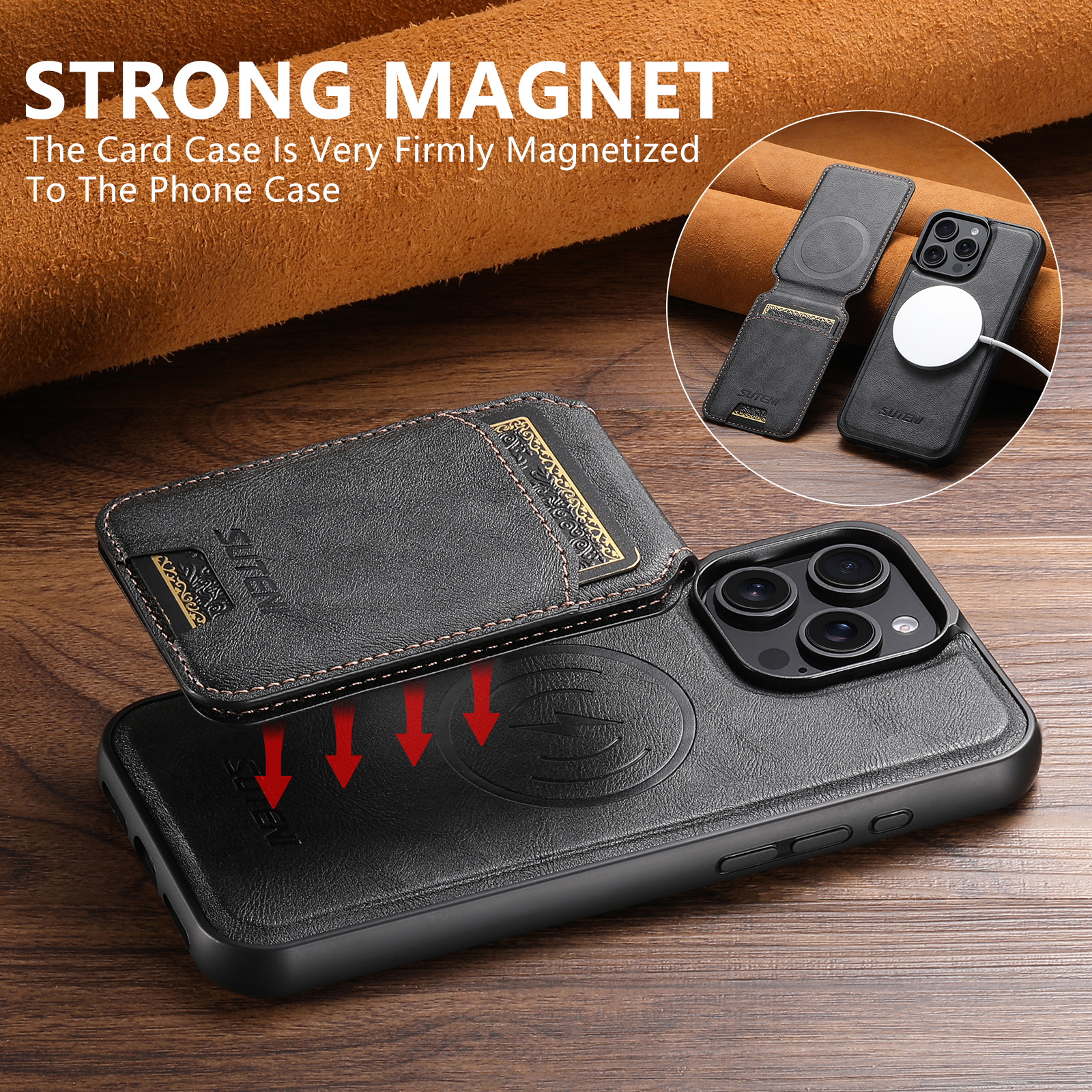 SUTENI Wireless Charging Magnet PU Leather Phone Case Card Holder Stand For iPhone 16 Pro Max 15 Plus 14 Pro 13 12