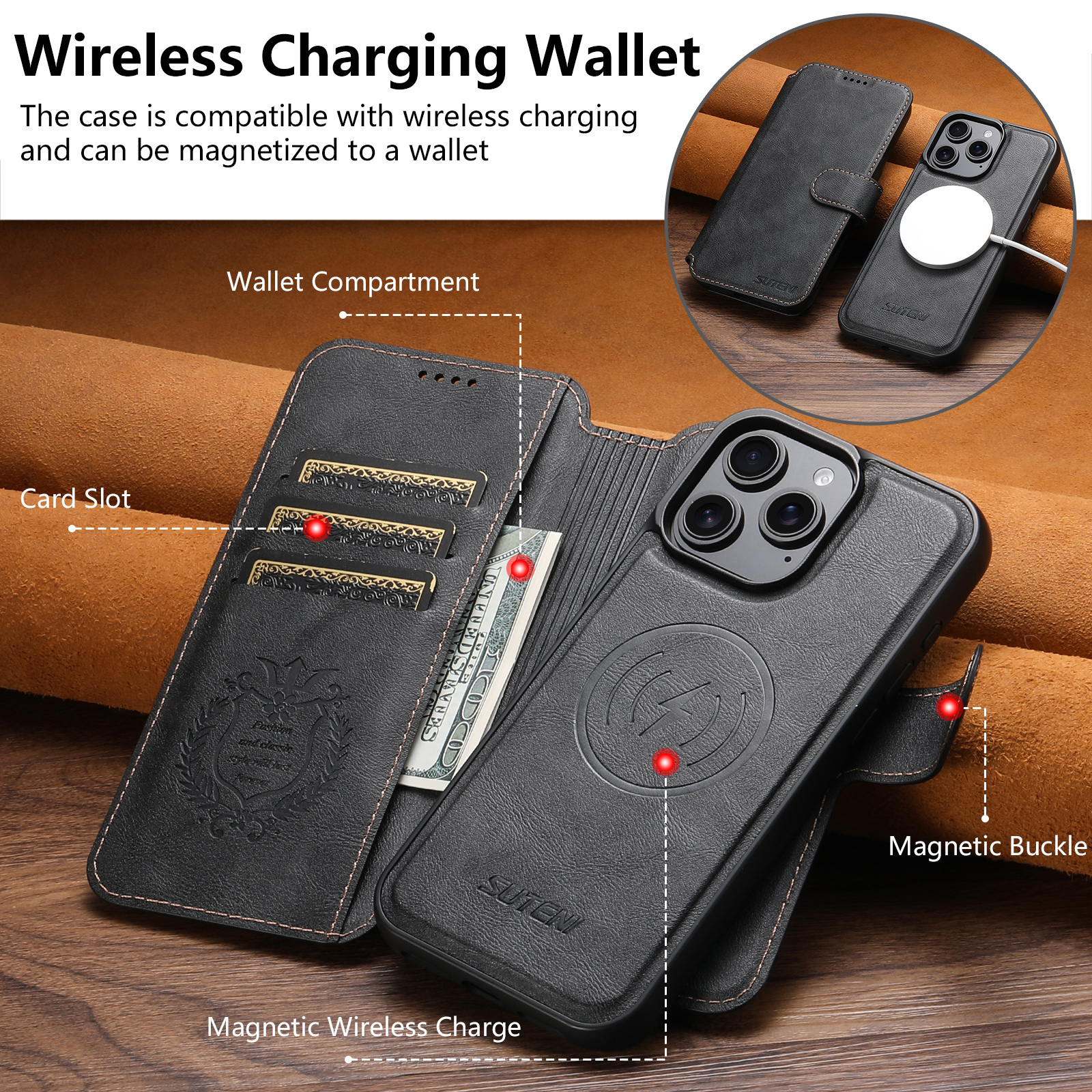 SUTENI PU Leather Wireless Charging Card Holder Stand Wallet Magnetic Flip Cover Phone Case For iPhone 16 Pro Max 15 Plus 14 13 12