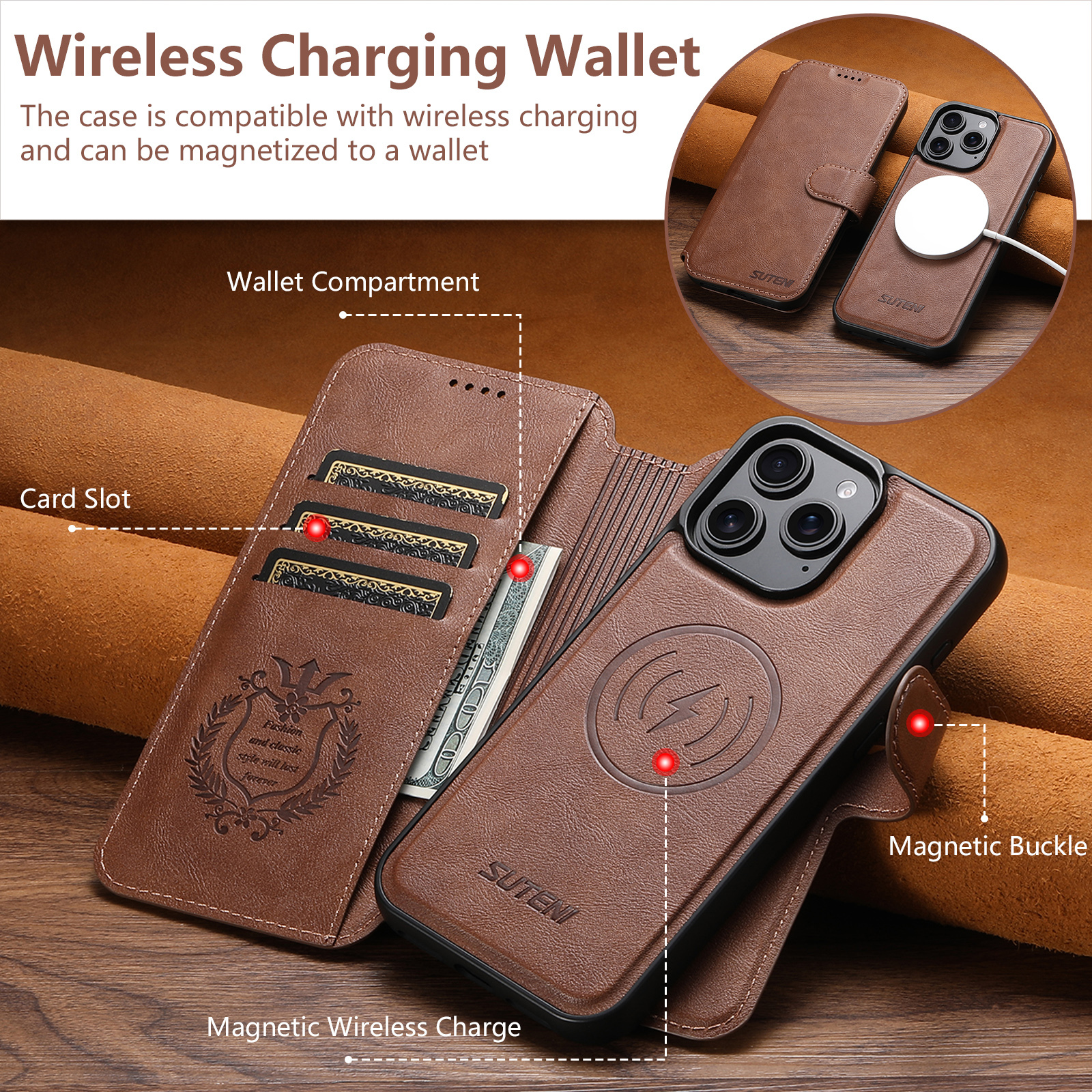 SUTENI PU Leather Wireless Charging Card Holder Stand Wallet Magnetic Flip Cover Phone Case For iPhone 16 Pro Max 15 Plus 14 13 12