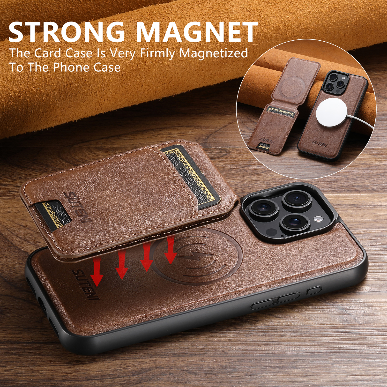 SUTENI Wireless Charging Magnet PU Leather Phone Case Card Holder Stand For iPhone 16 Pro Max 15 Plus 14 Pro 13 12