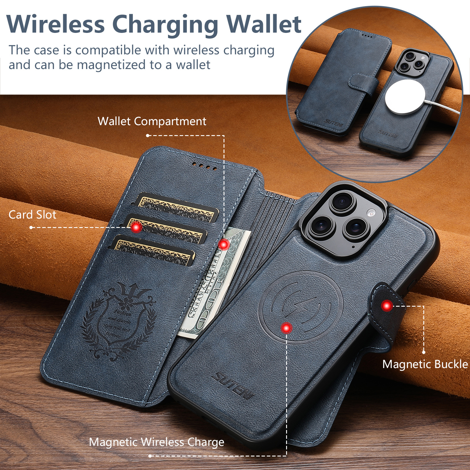 SUTENI Q05 PU Leather Wireless Charging Card Holder Stand Wallet Magnetic Flip Cover Phone Case For iPhone 16 Pro Max 15 Plus 14 13 12