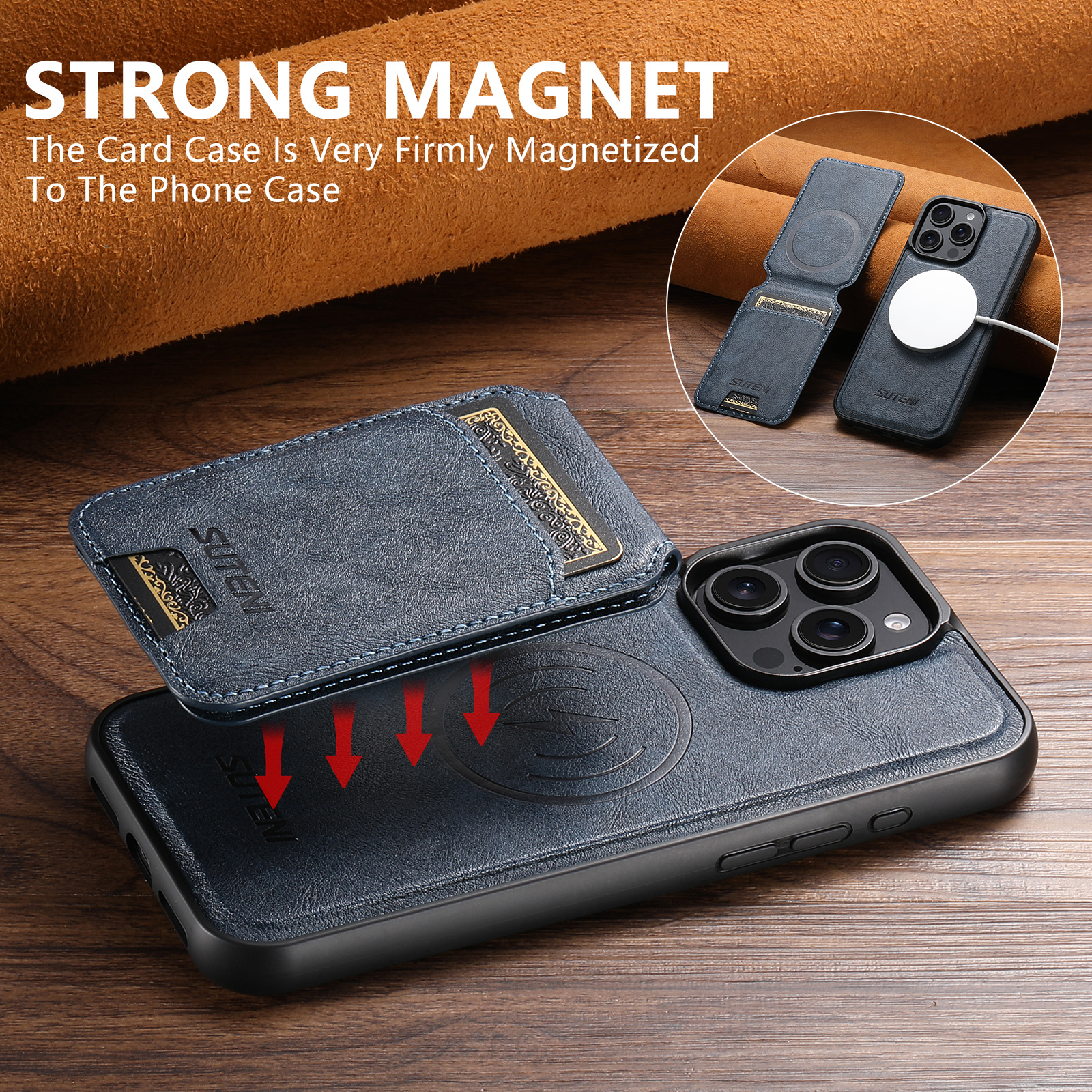 SUTENI Wireless Charging Magnet PU Leather Phone Case Card Holder Stand For iPhone 16 Pro Max 15 Plus 14 Pro 13 12