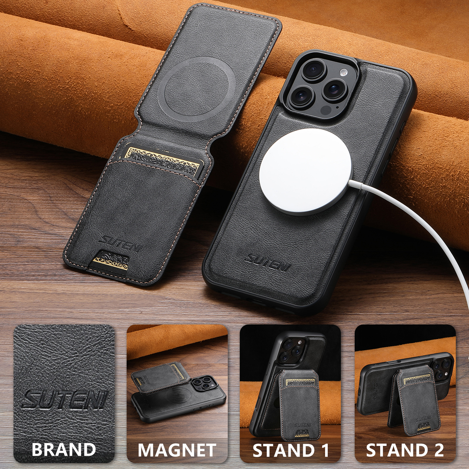 SUTENI Wireless Charging Magnet PU Leather Phone Case Card Holder Stand For iPhone 16 Pro Max 15 Plus 14 Pro 13 12