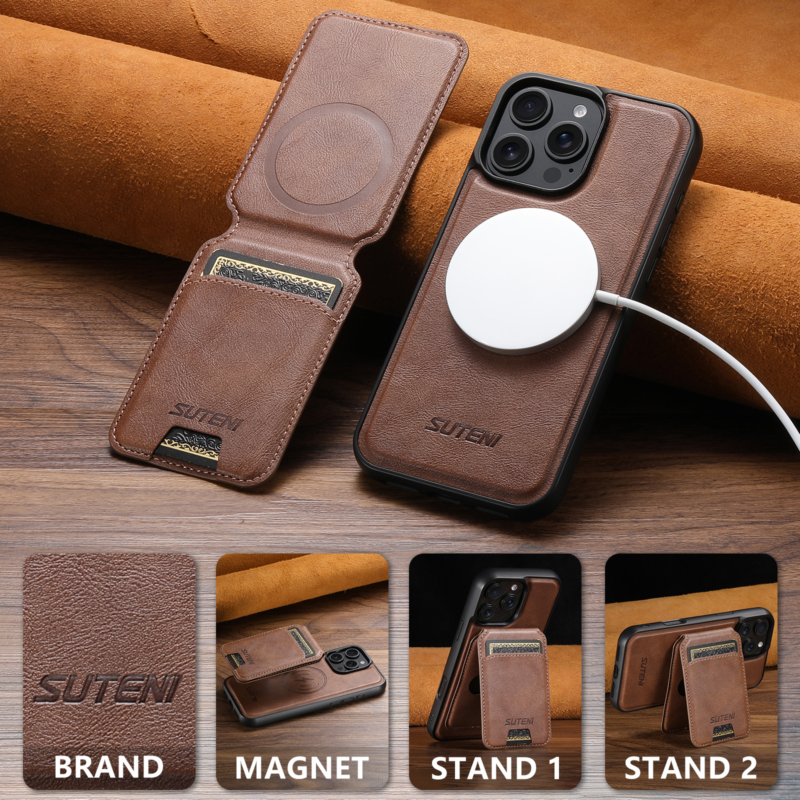 SUTENI Wireless Charging Magnet PU Leather Phone Case Card Holder Stand For iPhone 16 Pro Max 15 Plus 14 Pro 13 12