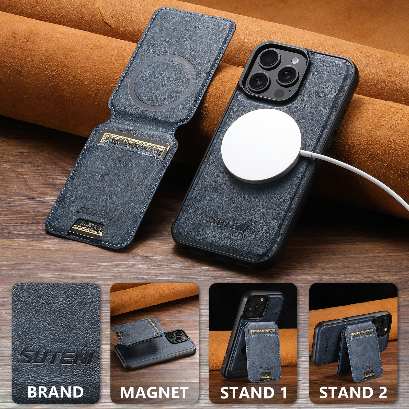 SUTENI Wireless Charging Magnet PU Leather Phone Case Card Holder Stand For iPhone 16 Pro Max 15 Plus 14 Pro 13 12