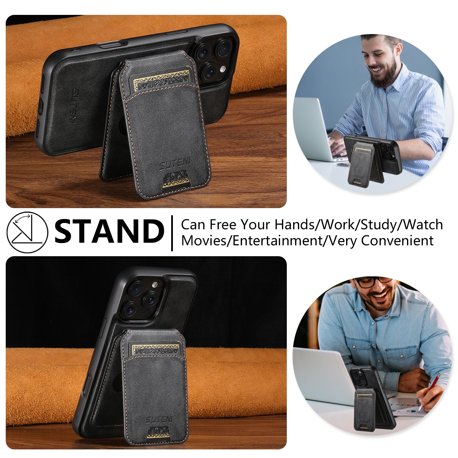 SUTENI Wireless Charging Magnet PU Leather Phone Case Card Holder Stand For iPhone 16 Pro Max 15 Plus 14 Pro 13 12