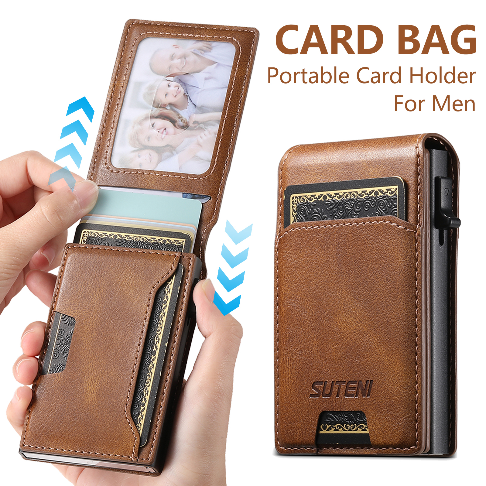 SUTENI PU Leather With Card Holder For Men Wallet Card Slot Wallet Flip Cover card box Pressing The Button Automatically Ejects The Card
