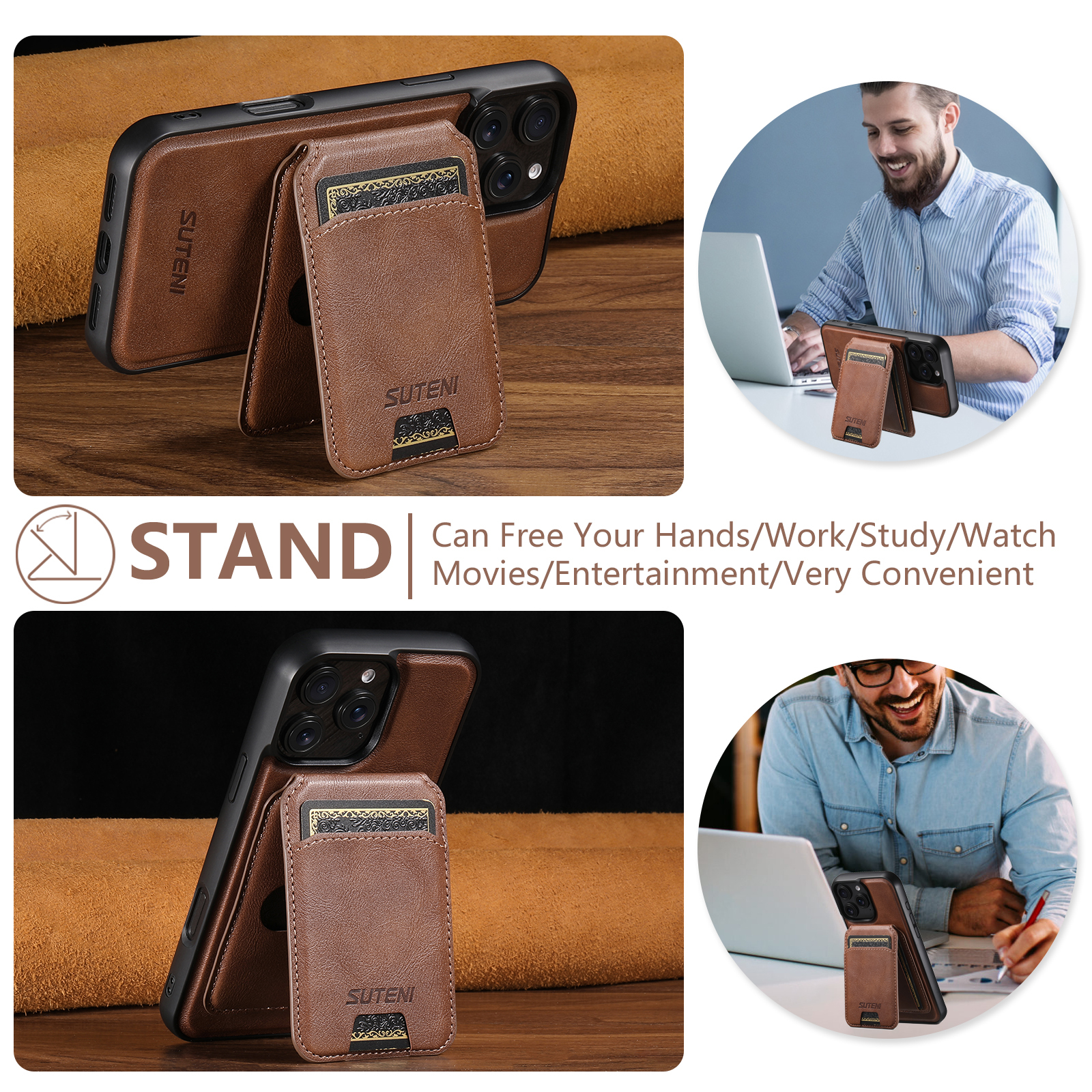 SUTENI Wireless Charging Magnet PU Leather Phone Case Card Holder Stand For iPhone 16 Pro Max 15 Plus 14 Pro 13 12
