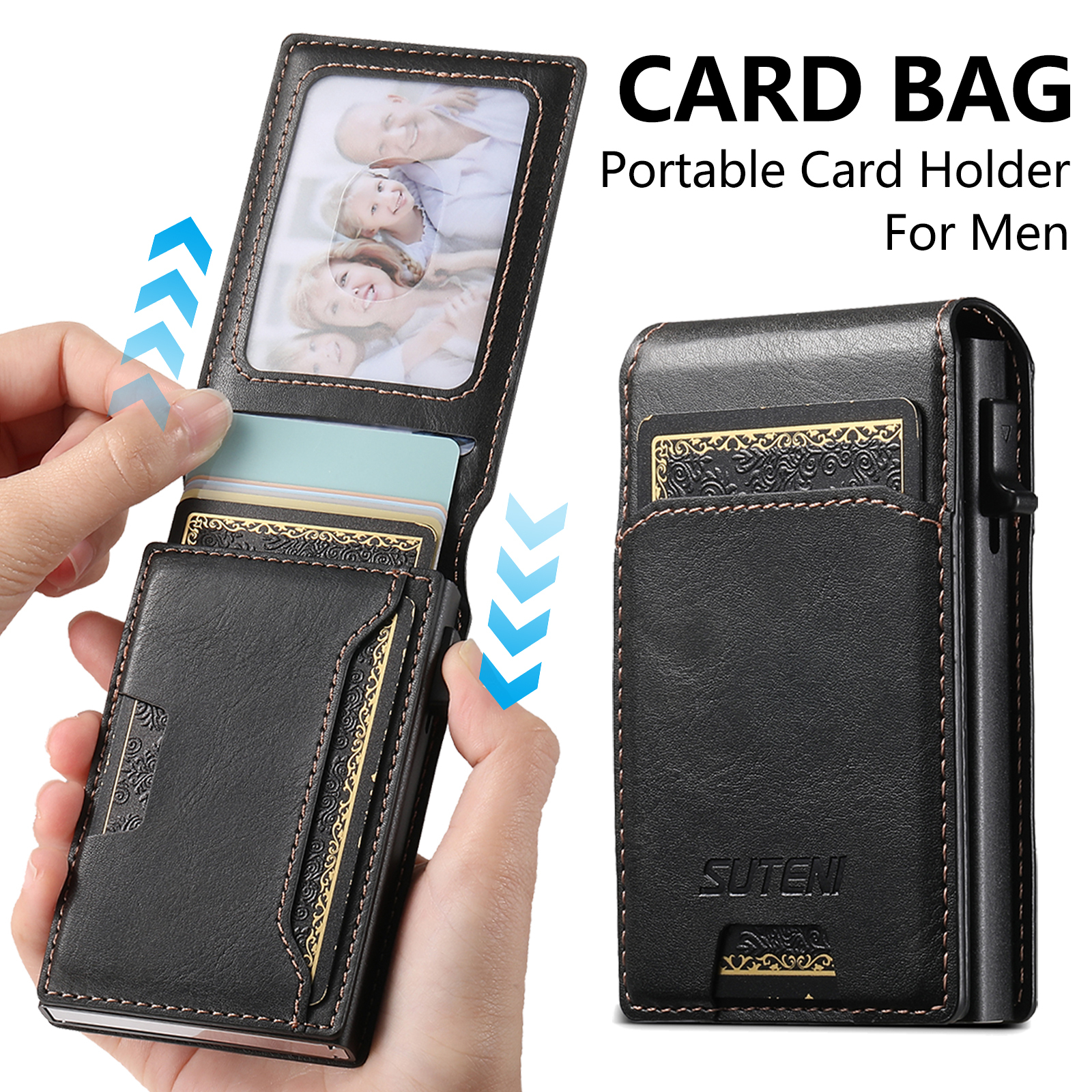 SUTENI PU Leather With Card Holder For Men Wallet Card Slot Wallet Flip Cover card box Pressing The Button Automatically Ejects The Card