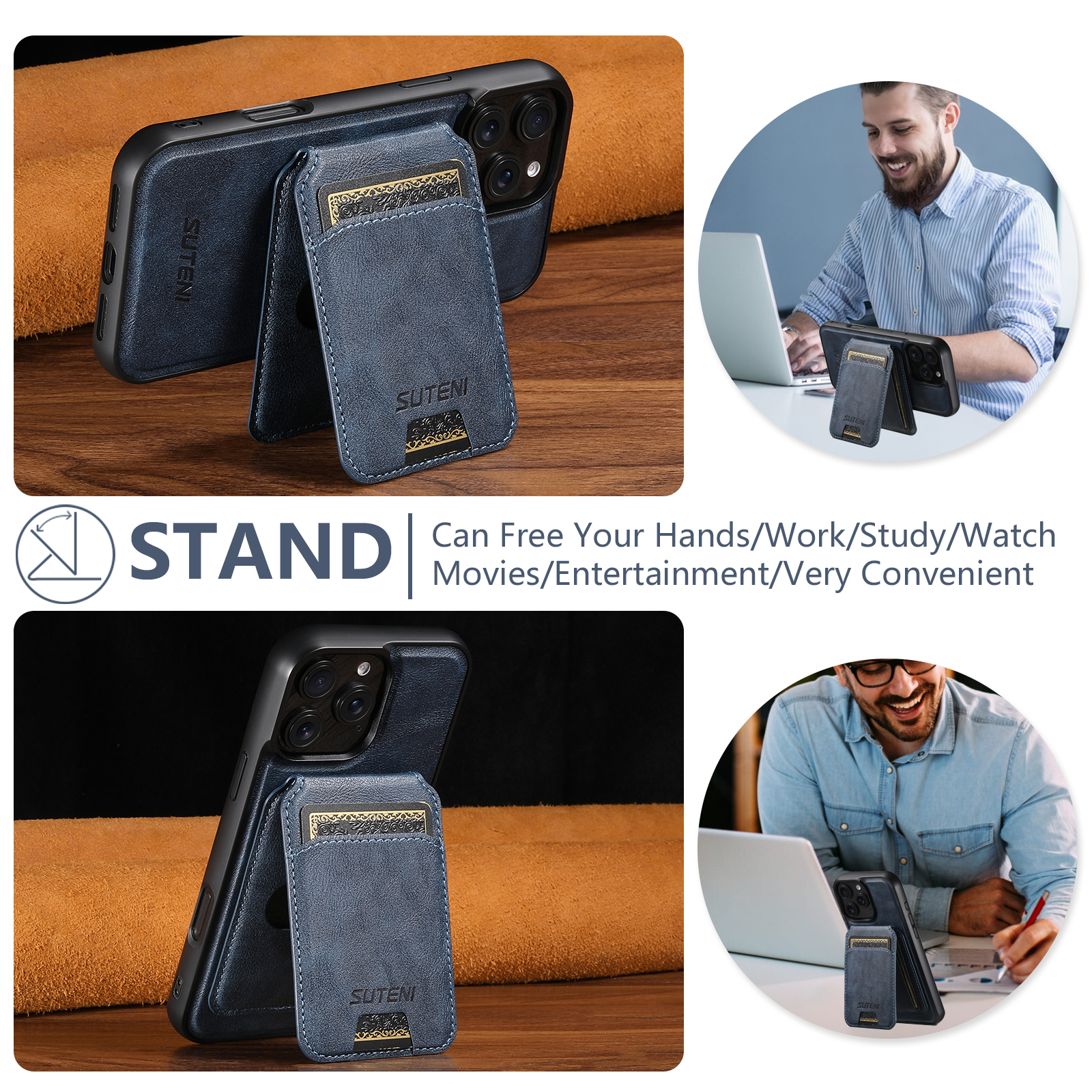 SUTENI Wireless Charging Magnet PU Leather Phone Case Card Holder Stand For iPhone 16 Pro Max 15 Plus 14 Pro 13 12
