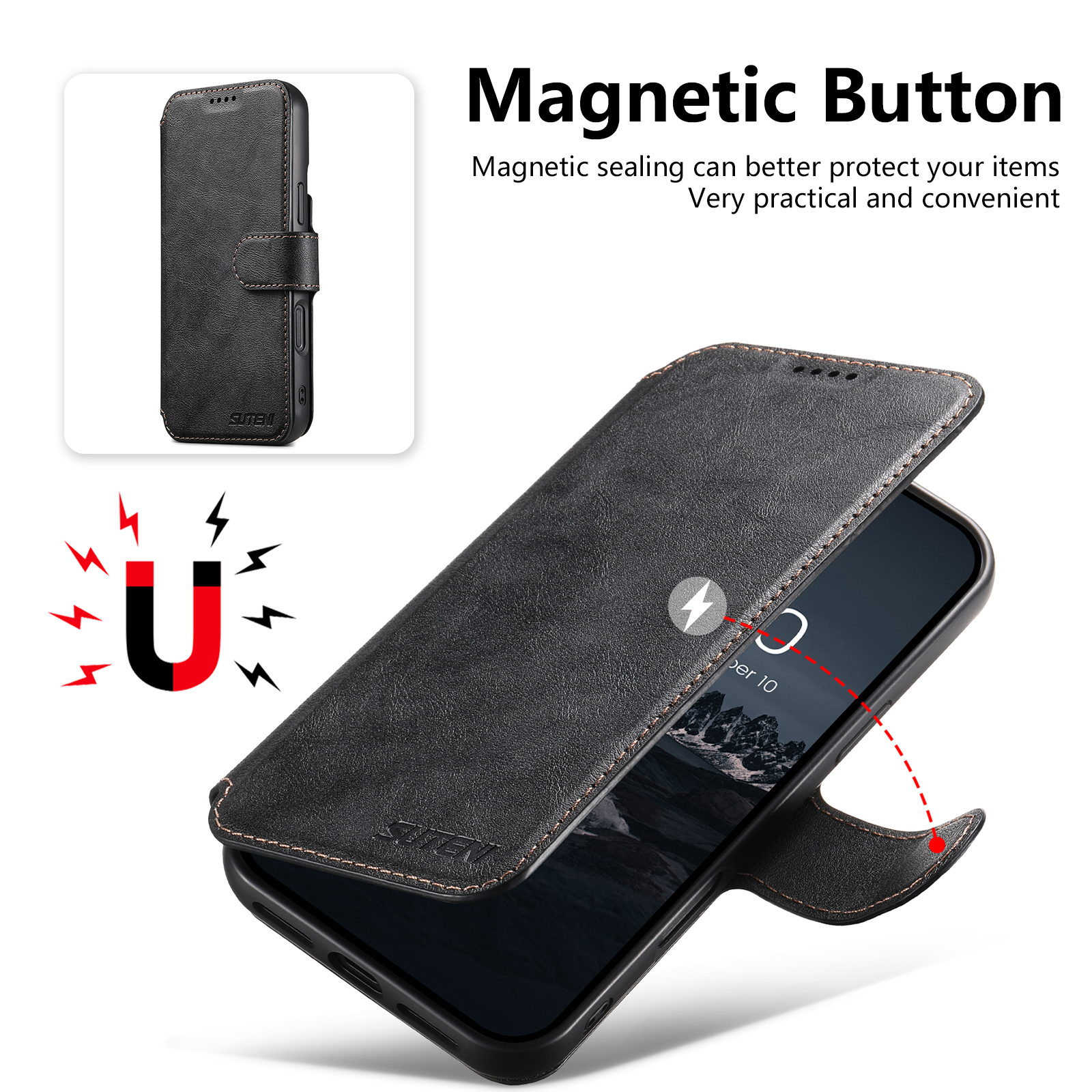 SUTENI PU Leather Wireless Charging Card Holder Stand Wallet Magnetic Flip Cover Phone Case For iPhone 16 Pro Max 15 Plus 14 13 12