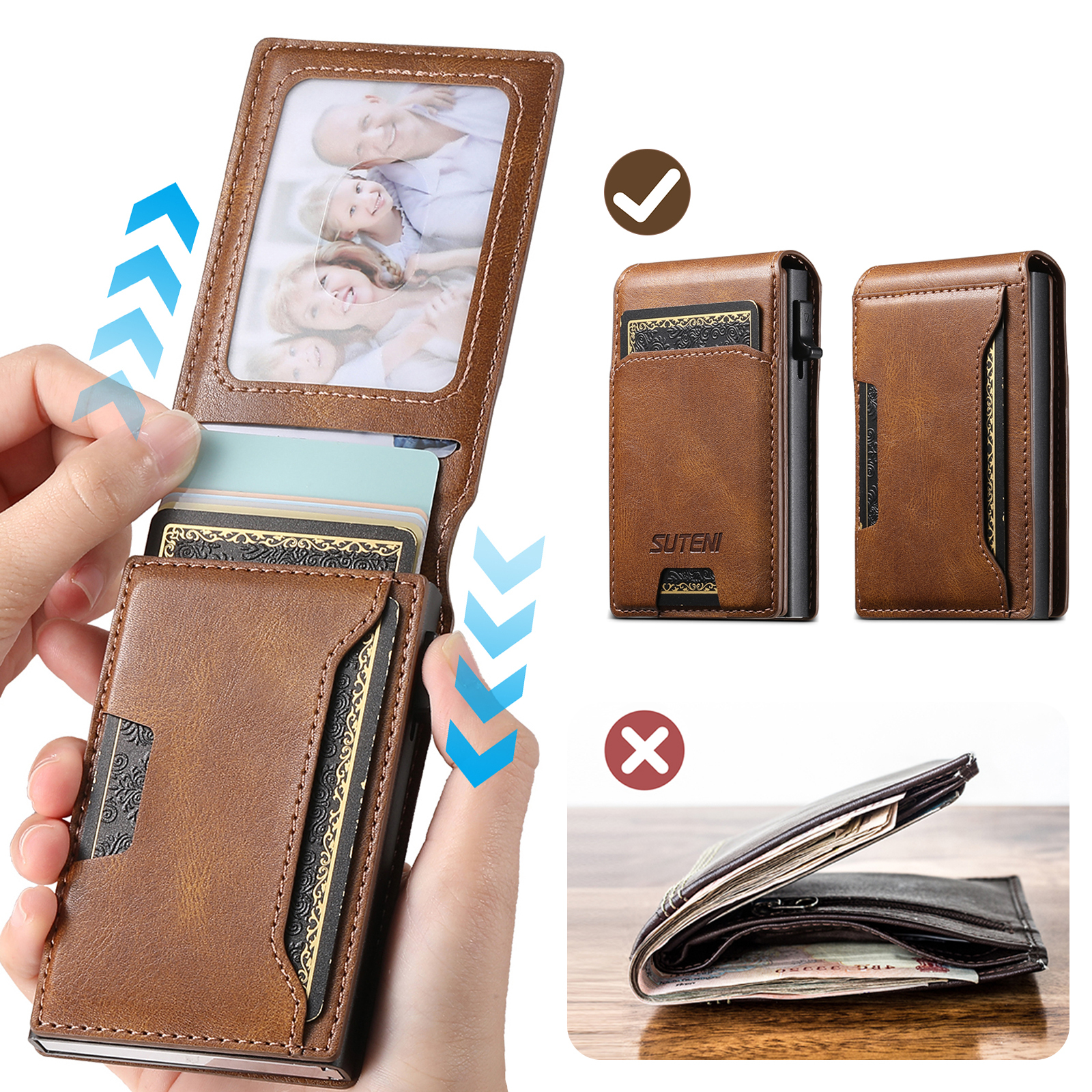 SUTENI PU Leather With Card Holder For Men Wallet Card Slot Wallet Flip Cover card box Pressing The Button Automatically Ejects The Card