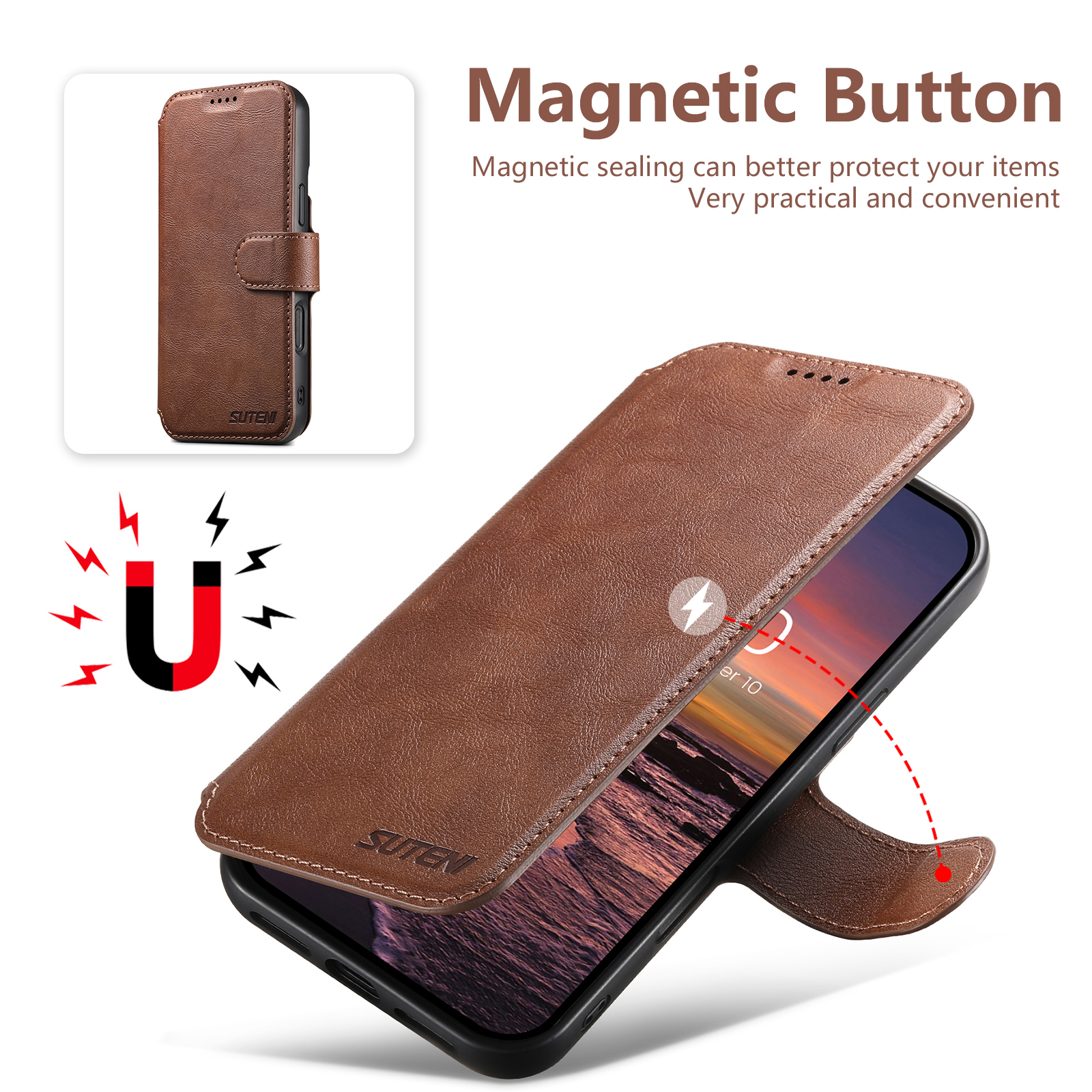 SUTENI PU Leather Wireless Charging Card Holder Stand Wallet Magnetic Flip Cover Phone Case For iPhone 16 Pro Max 15 Plus 14 13 12