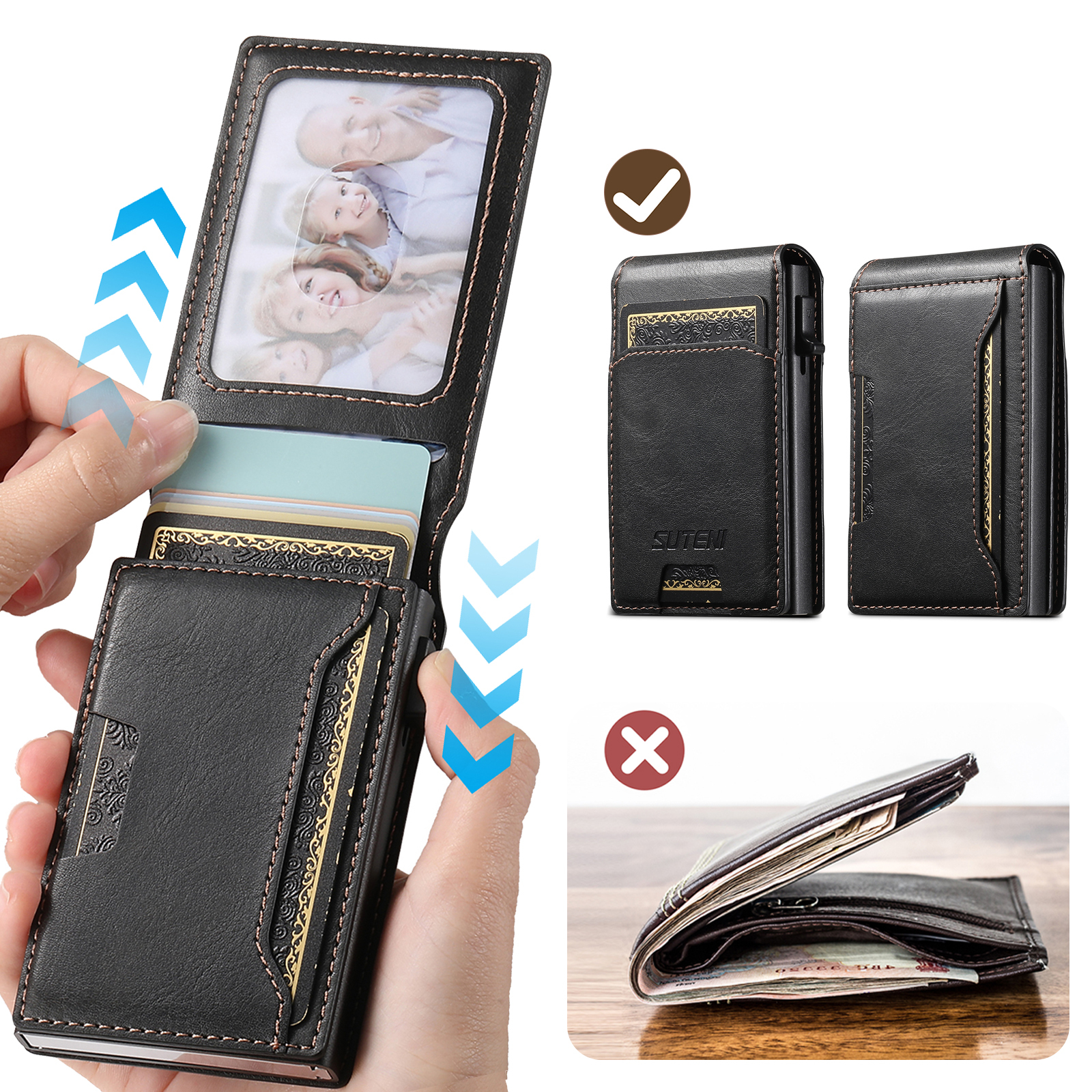 SUTENI PU Leather With Card Holder For Men Wallet Card Slot Wallet Flip Cover card box Pressing The Button Automatically Ejects The Card