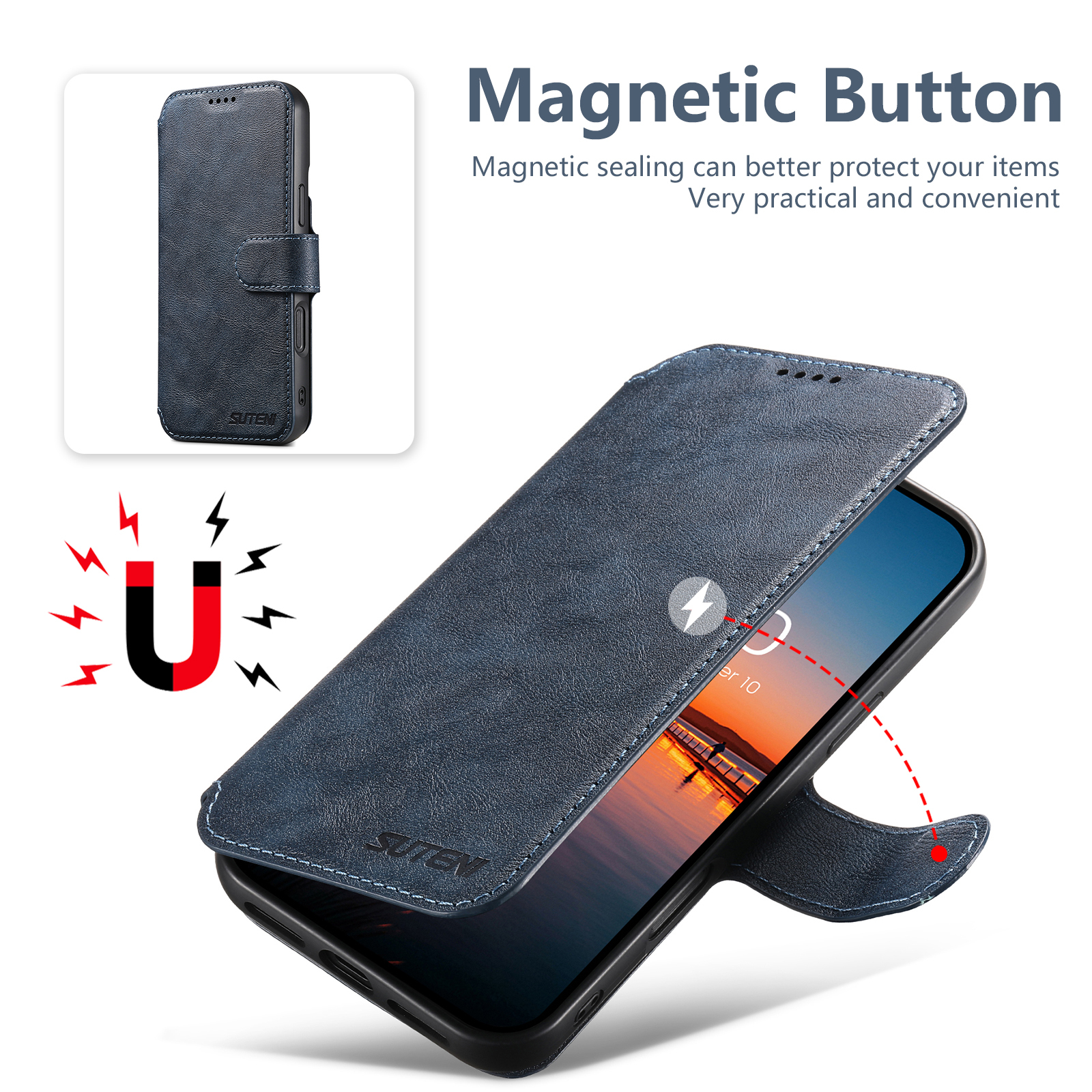 SUTENI Q05 PU Leather Wireless Charging Card Holder Stand Wallet Magnetic Flip Cover Phone Case For iPhone 16 Pro Max 15 Plus 14 13 12