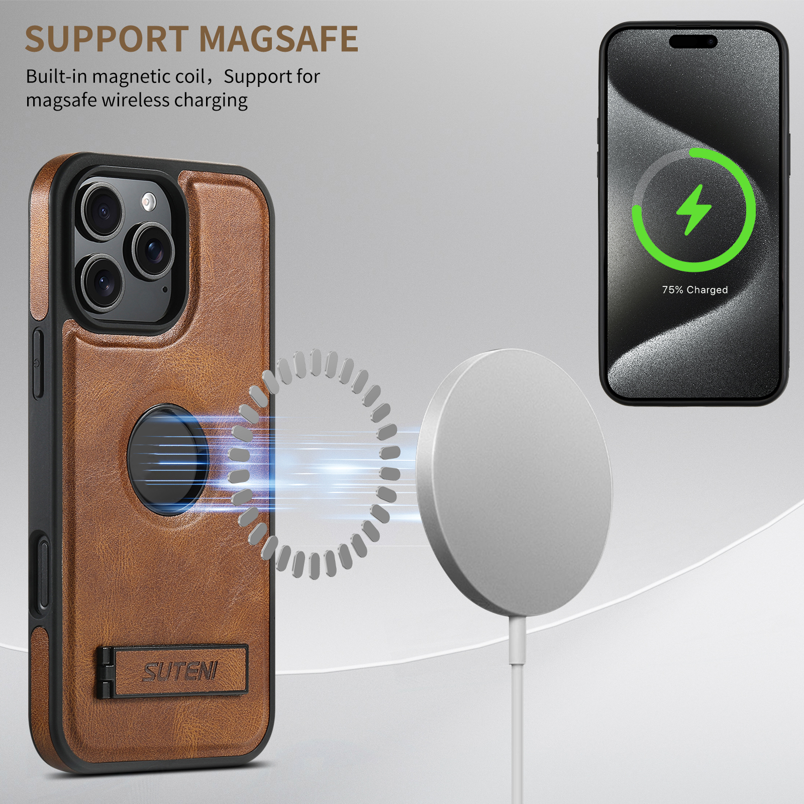 SUTENI Luxury PU Leather Phone Case Stand Wireless Charging Magnet For iPhone 16 Pro Max 15 Plus 14 Pro 13 12