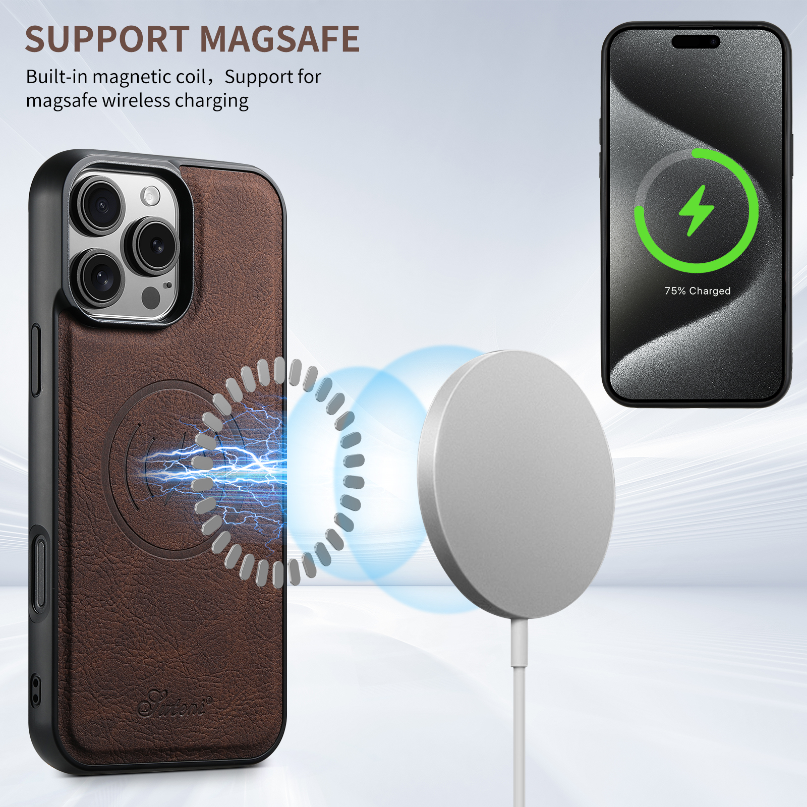 SUTENI Wireless Charging Phone Case Magnet Card Holder Stand PU Leather For iPhone 16 Pro Max 15 Plus 14 13 12