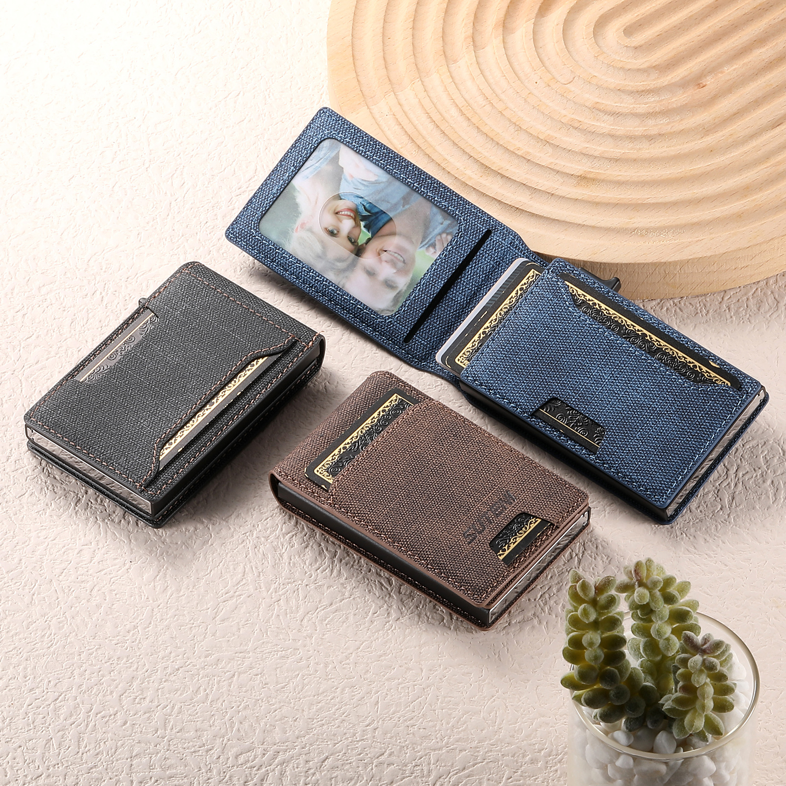 SUTENI With Card Holder For Men Card Slot Wallet Flip Cover PU Leather card box Pressing The Button Automatically Ejects The Card Wallet