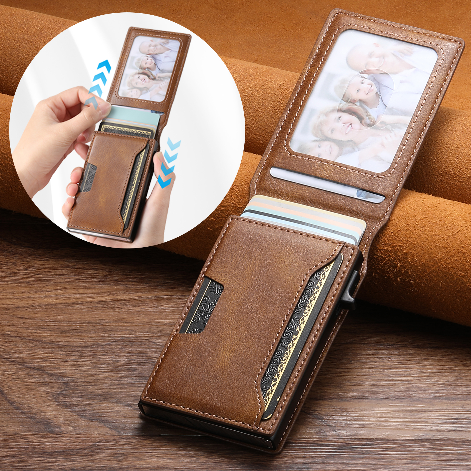 SUTENI PU Leather With Card Holder For Men Wallet Card Slot Wallet Flip Cover card box Pressing The Button Automatically Ejects The Card