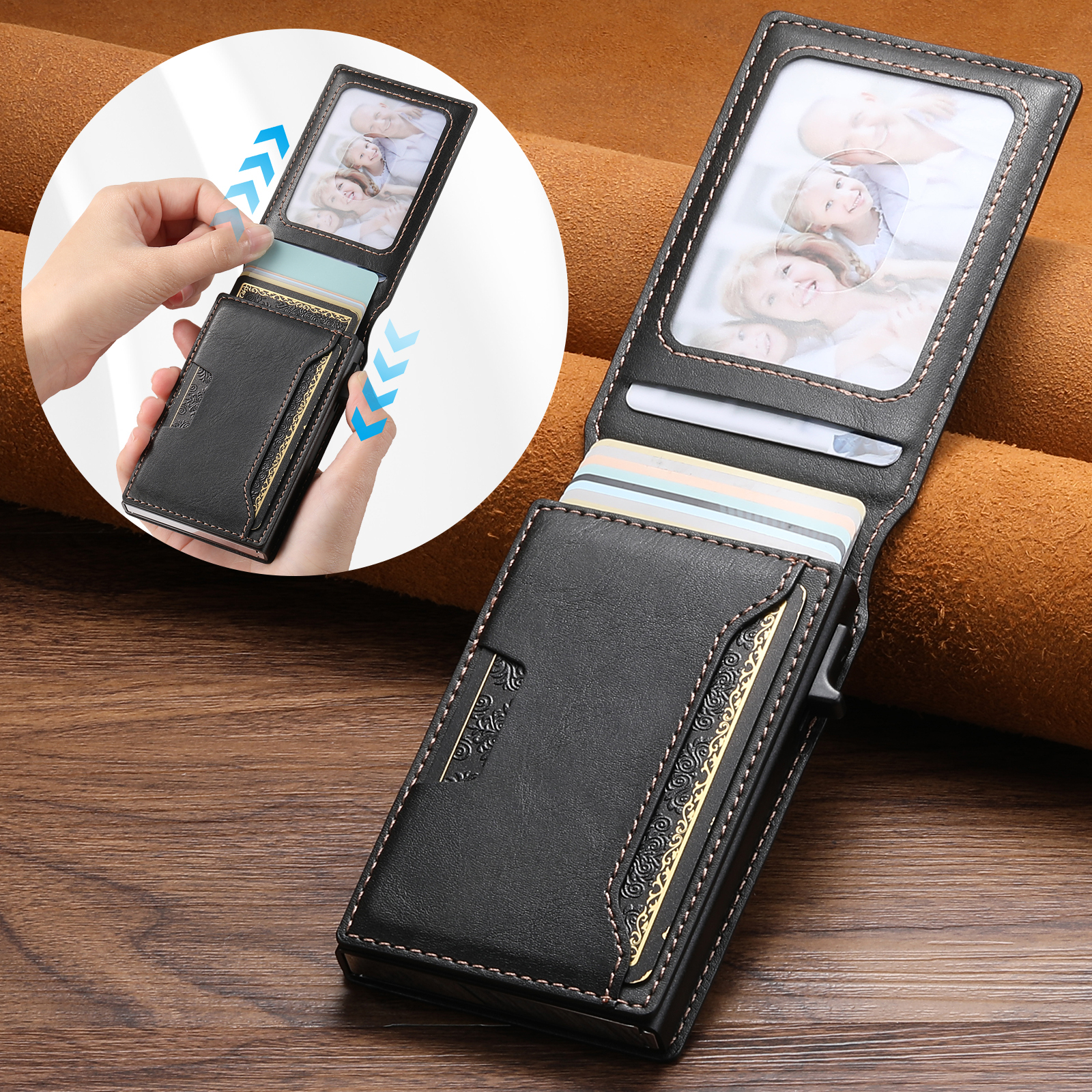 SUTENI PU Leather With Card Holder For Men Wallet Card Slot Wallet Flip Cover card box Pressing The Button Automatically Ejects The Card