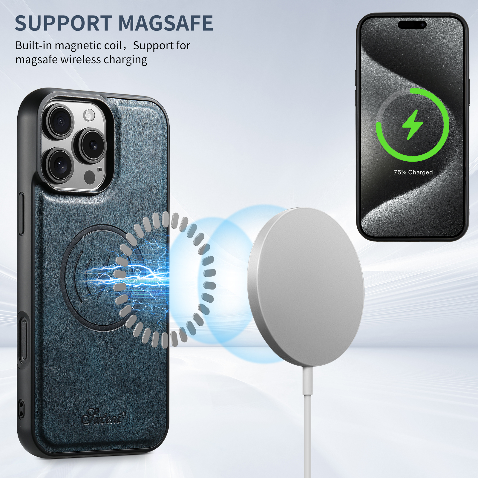 SUTENI H15 Wireless Charging Faux Leather Magnet Card Holder Stand Picture frame Phone Case For iPhone 17 Pro Max 16 Plus 15 14 13 12