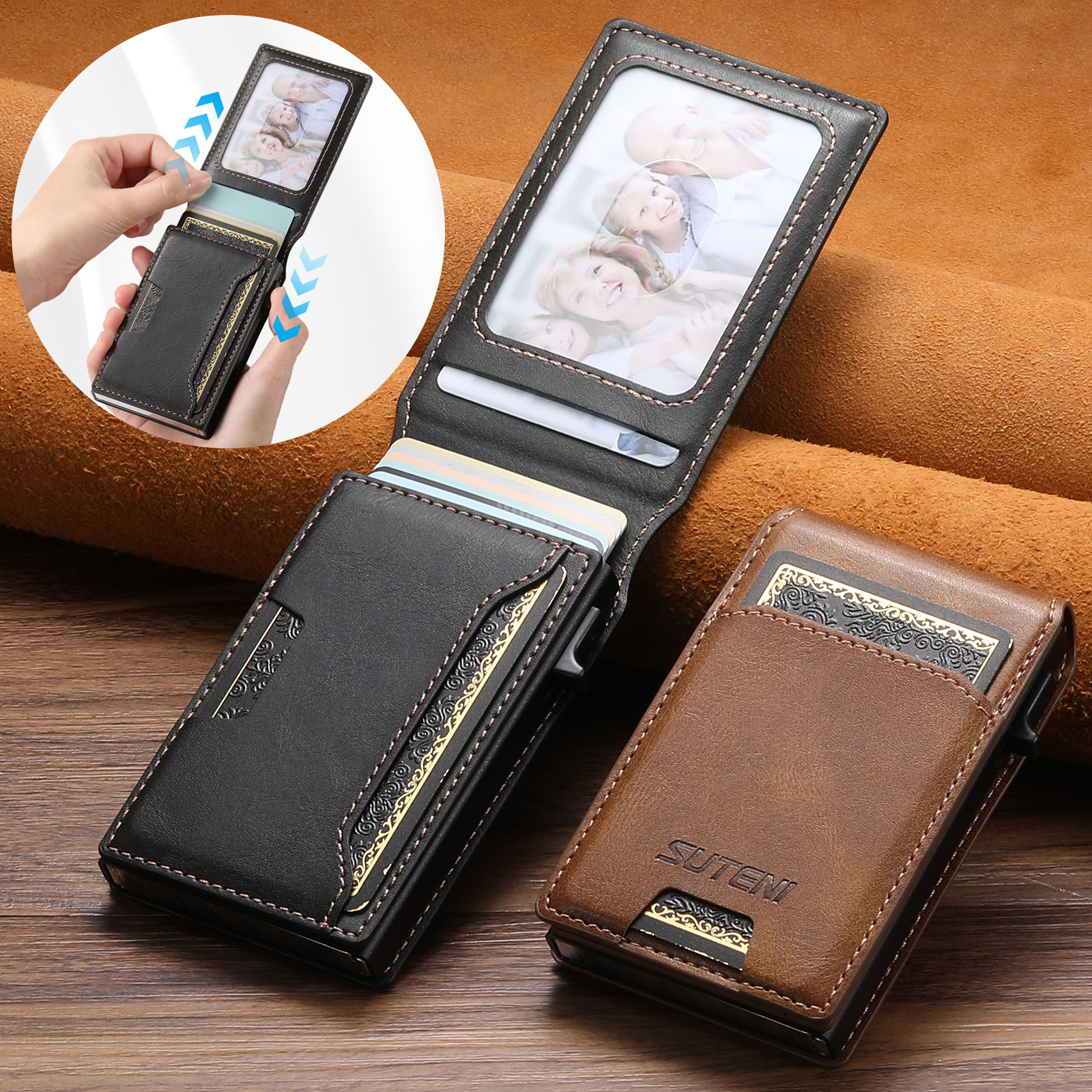 SUTENI PU Leather With Card Holder For Men Wallet Card Slot Wallet Flip Cover card box Pressing The Button Automatically Ejects The Card